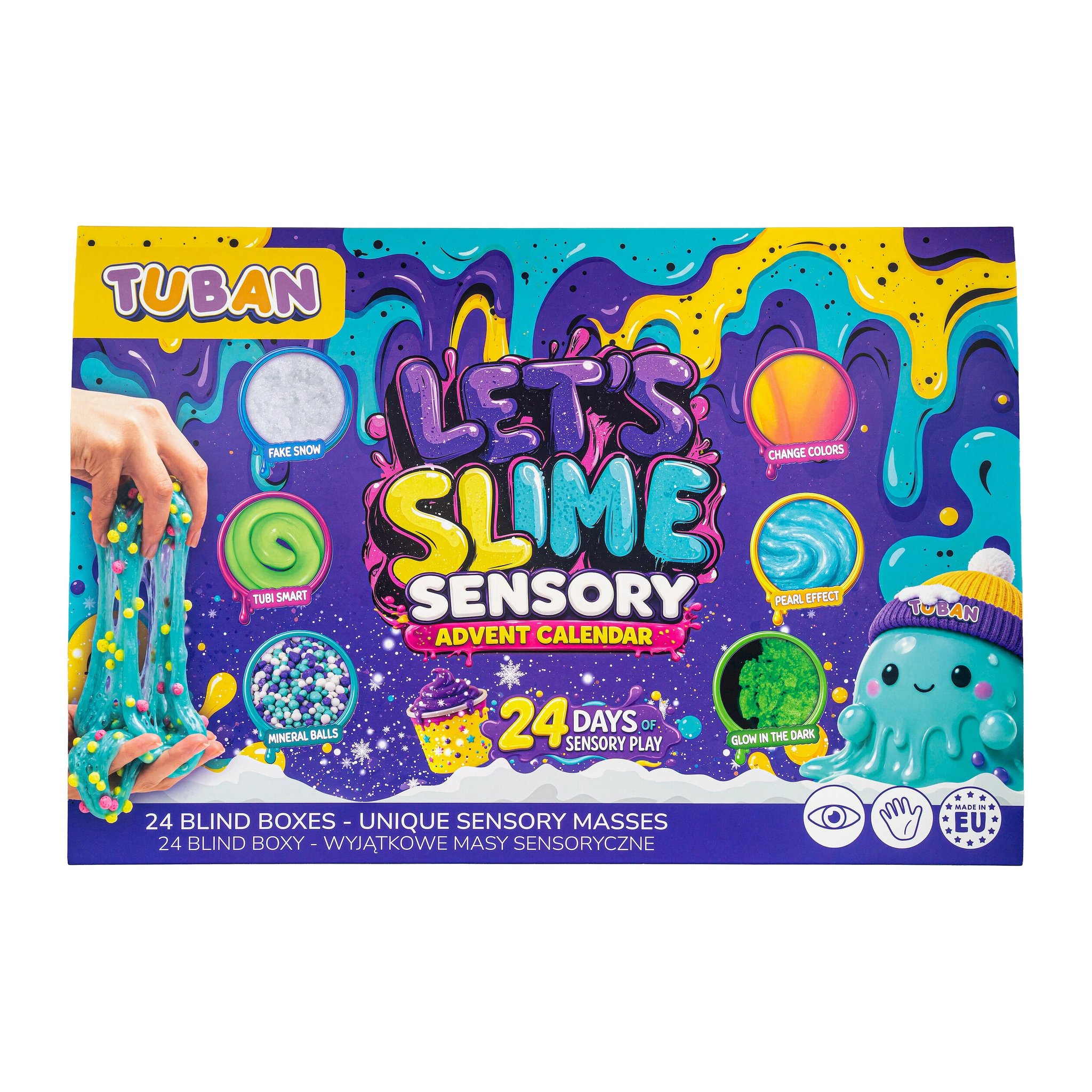 Vorderseite des Let's Slime Adventskalenders mit Bildern von glitzerndem und leuchtendem Slime