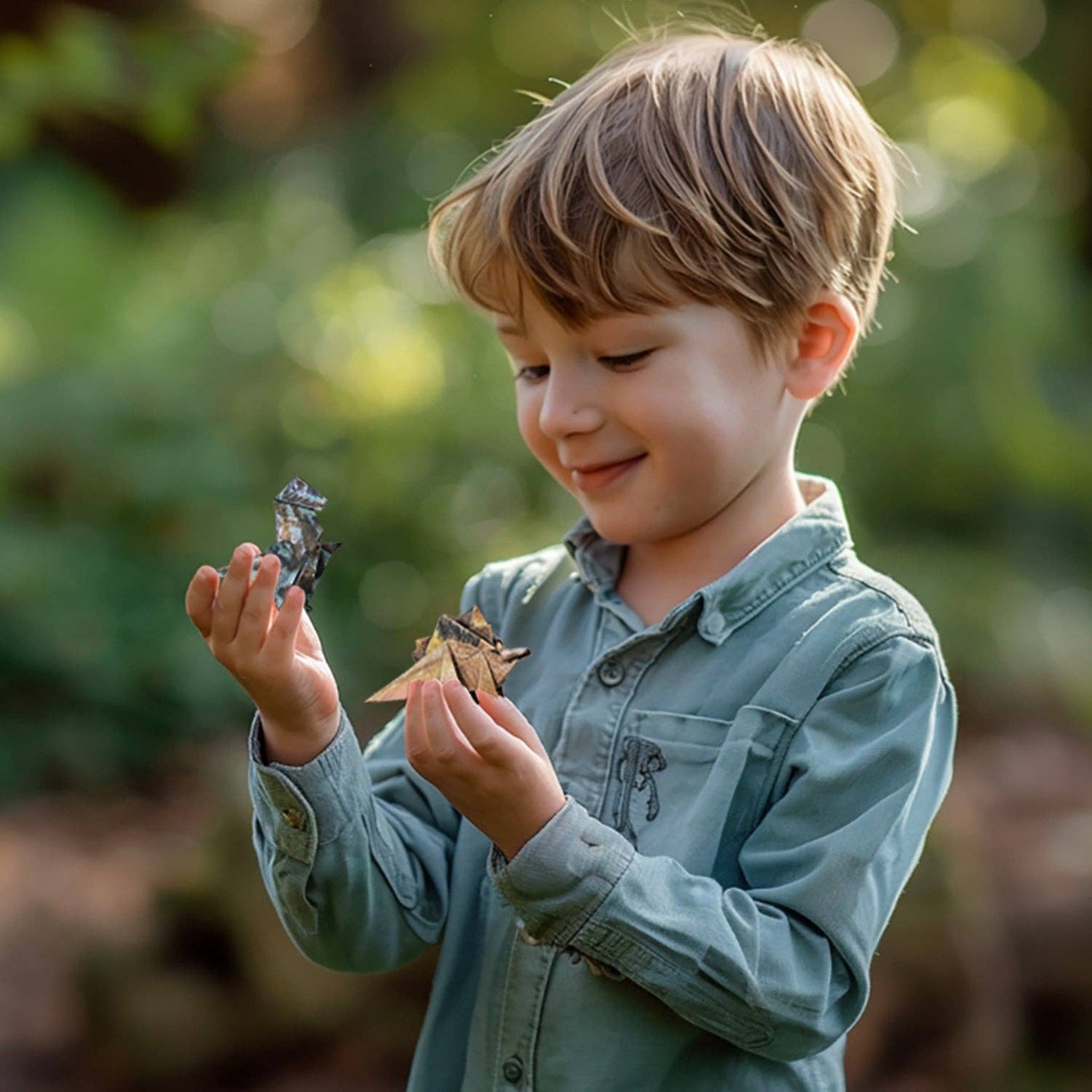 Boy looking at his folded paper dinosaurs from the Paper Dinos kit outdoors