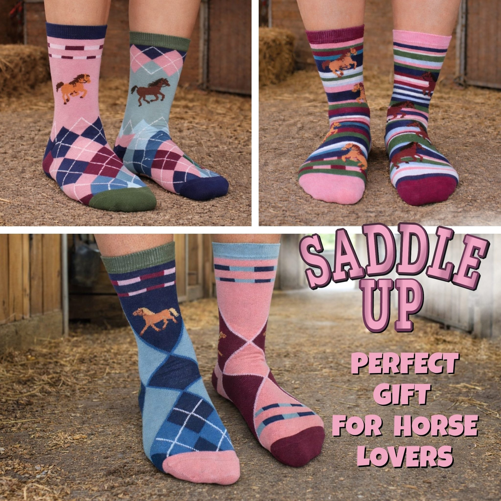 Saddle Up Pferde-Socken getragen im Stall