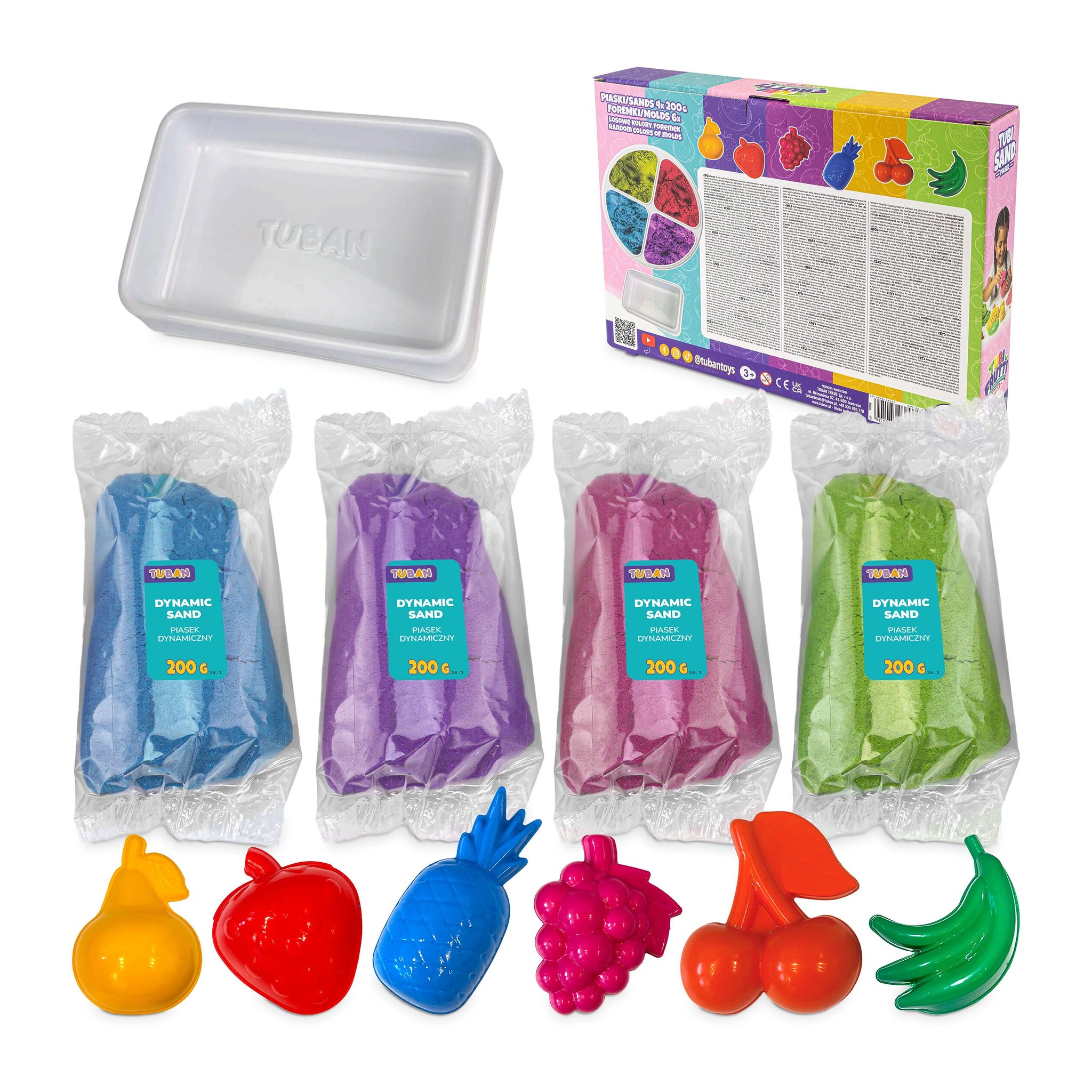 Contenuto: quattro sacchetti di sabbia sensoriale blu, viola, rosa e verde, sei formine frutta e vaschetta