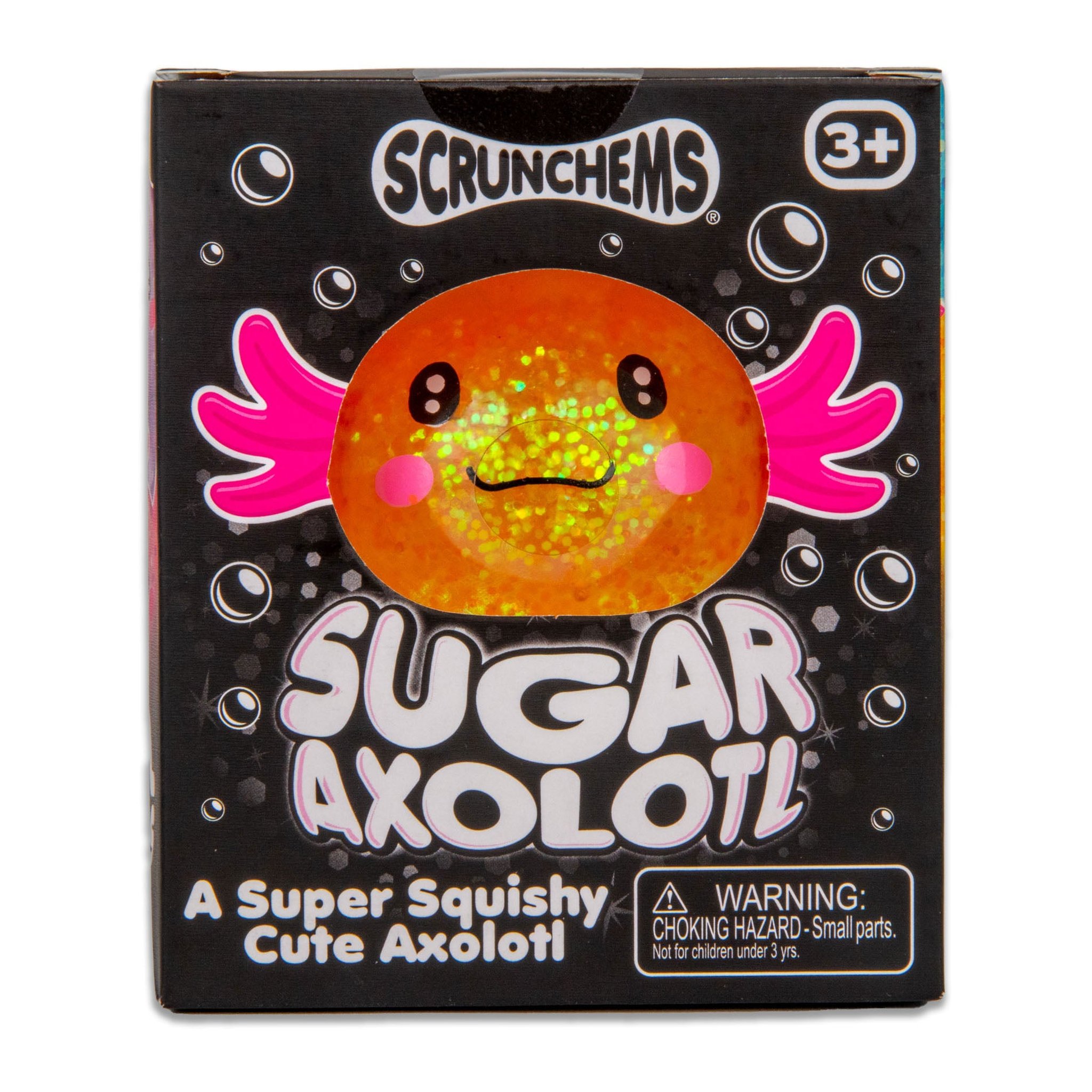 Verpackung des Scrunchems Sugar Axolotl: schwarze Box mit Sichtfenster, ab 3 Jahren