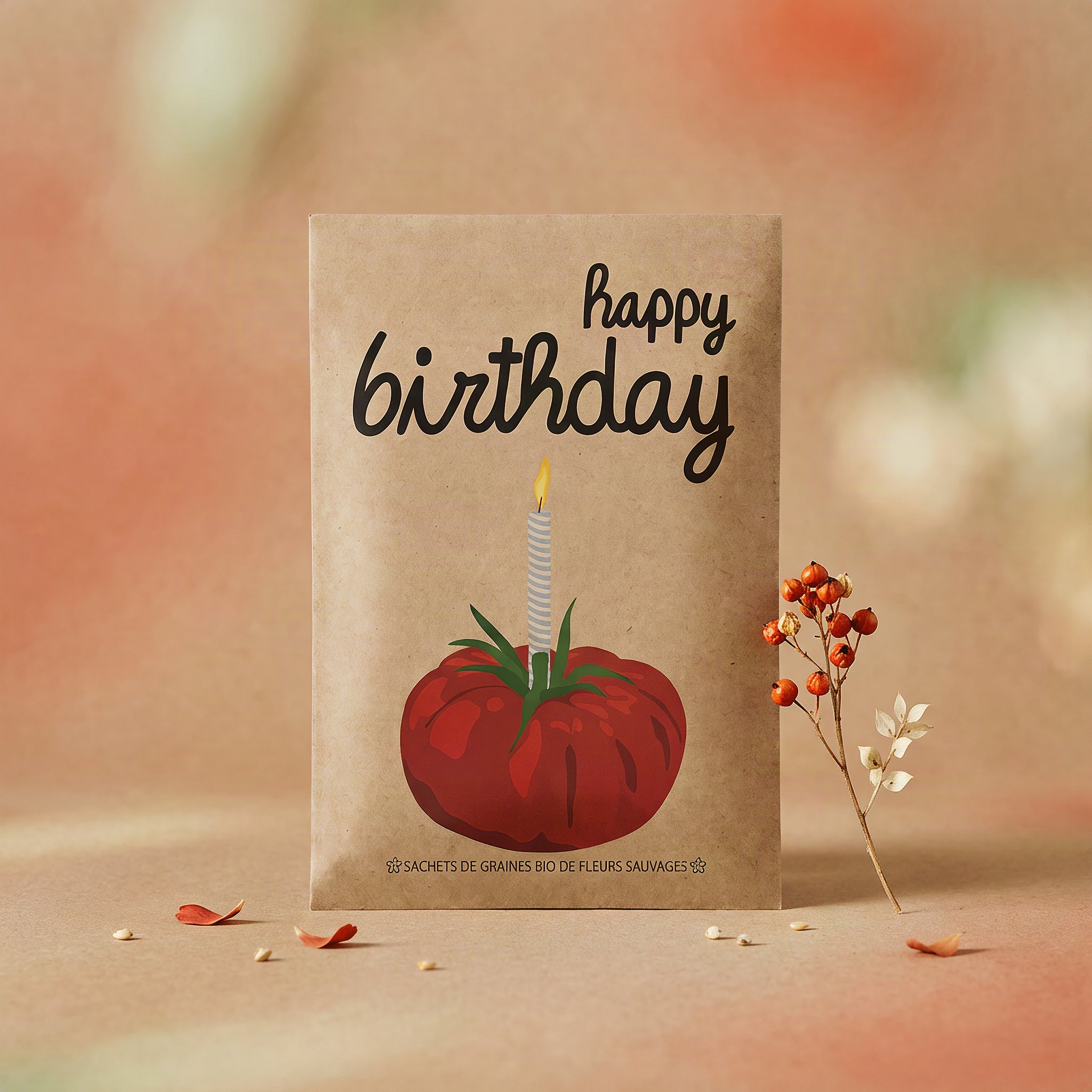 Sachet de graines Happy Birthday en papier kraft sur fond chaud avec brin de baies et pétales