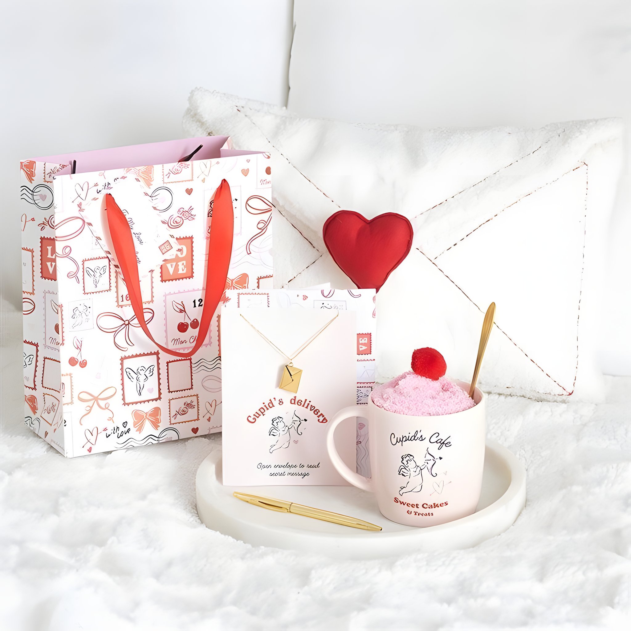 Coffret Cupid's Café avec tasse, décoration cœur et sac cadeau