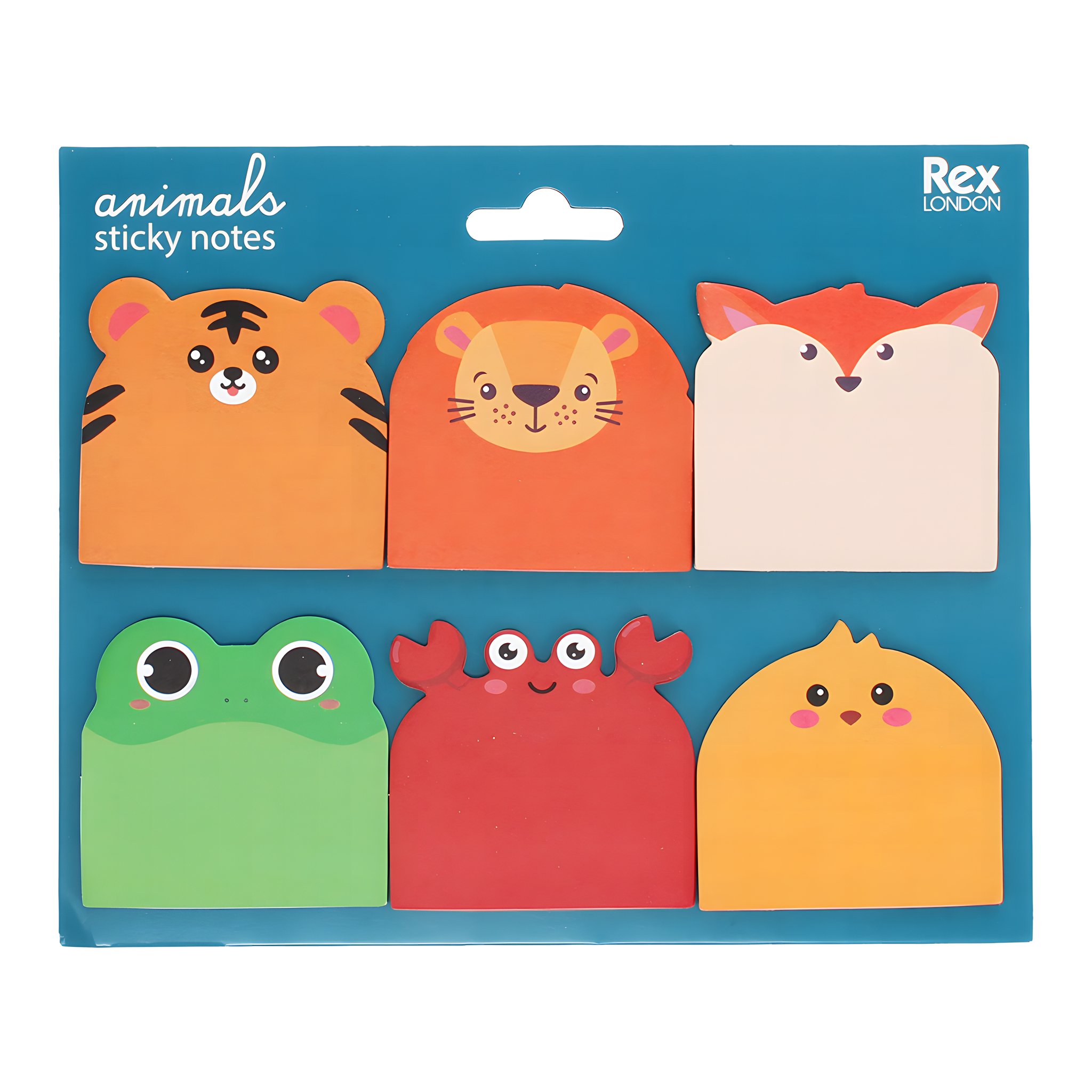 Tier-Haftnotizen 6er-Set in der Verpackung: Tiger, Löwe, Fuchs, Frosch, Krabbe, Küken