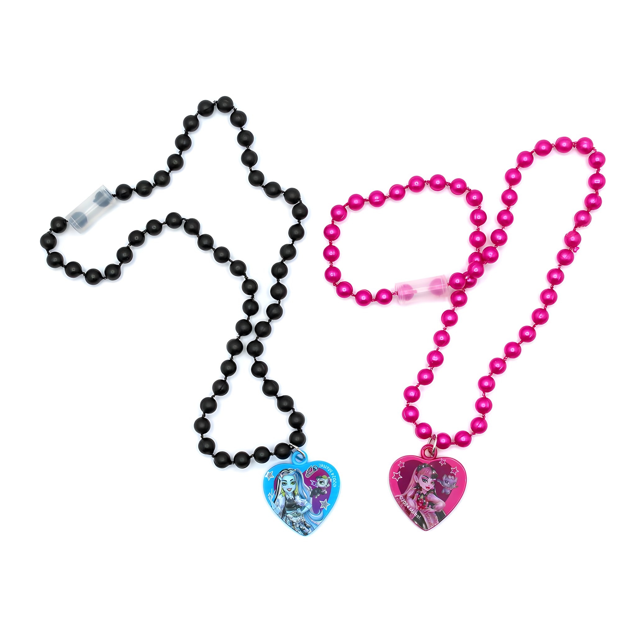 Zwei Perlenketten in Schwarz und Pink mit Herzanhängern aus dem Monster High Adventskalender