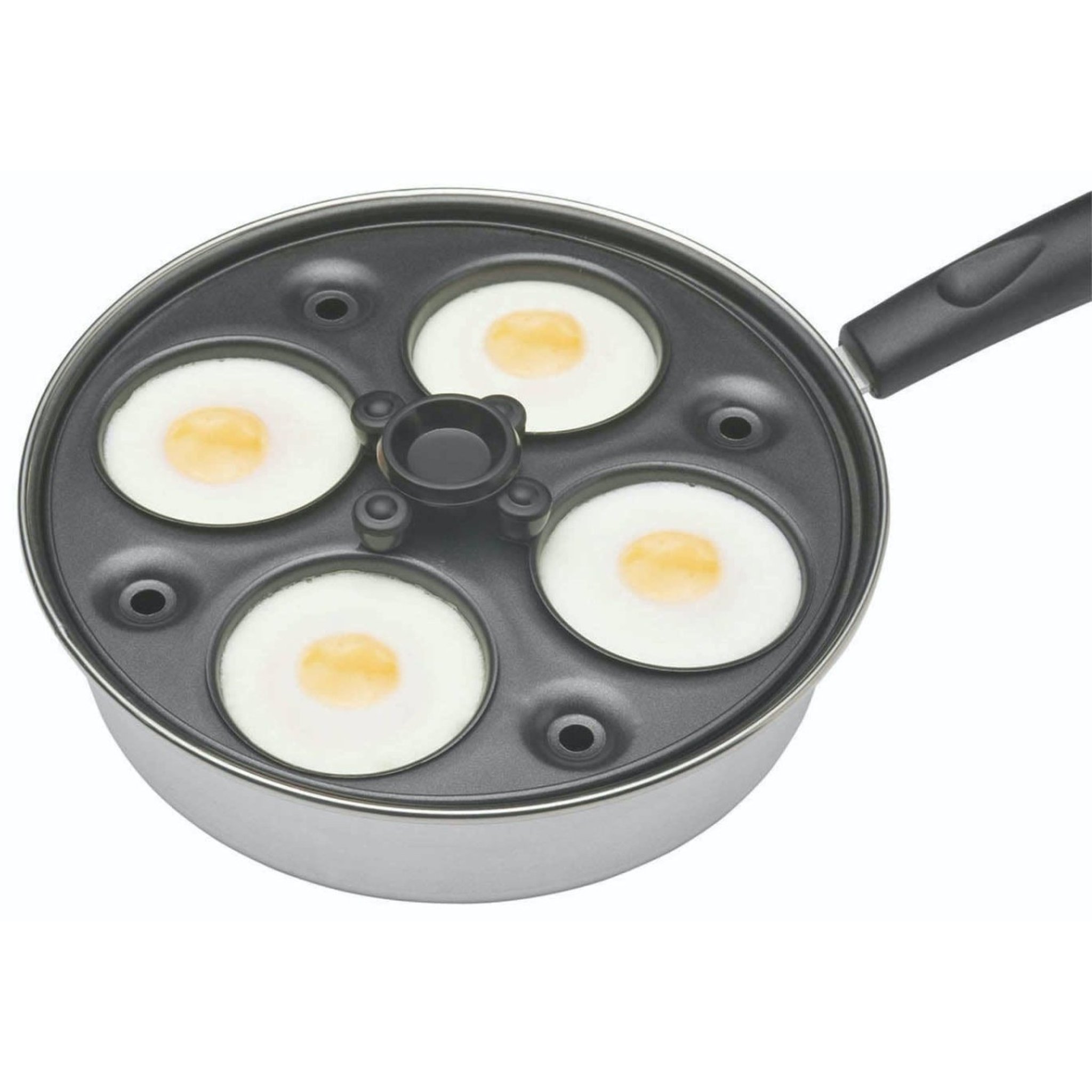 Egg poacher pan with 4 poached eggs top view