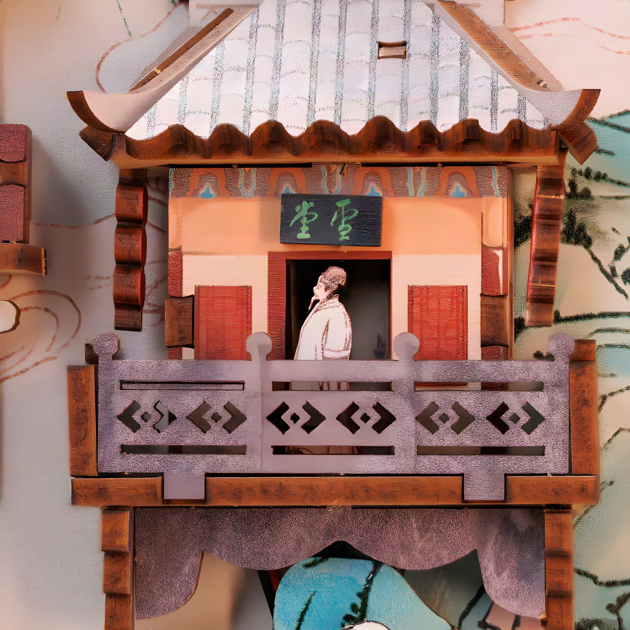 Détail : lettré à la fenêtre d'un pavillon à balustrade en bois