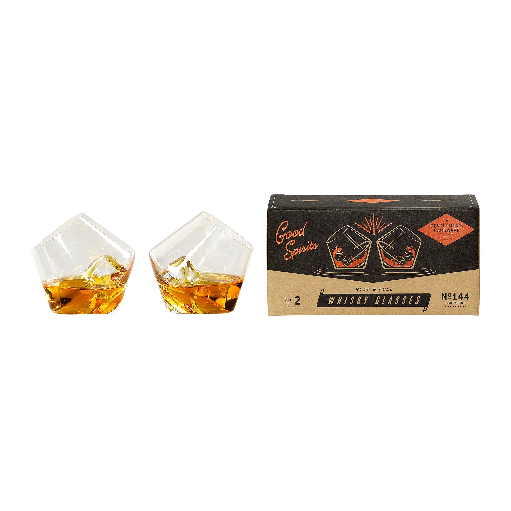 Two Rocking Whisky Glasses with whisky and ice beside their black and brown box labelled «Good Spirits»