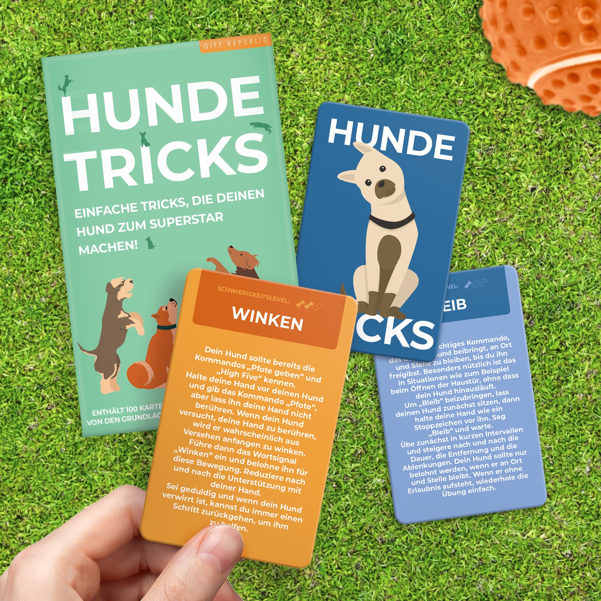 Hand hält die Trainingskarte Winken beim Üben im Garten