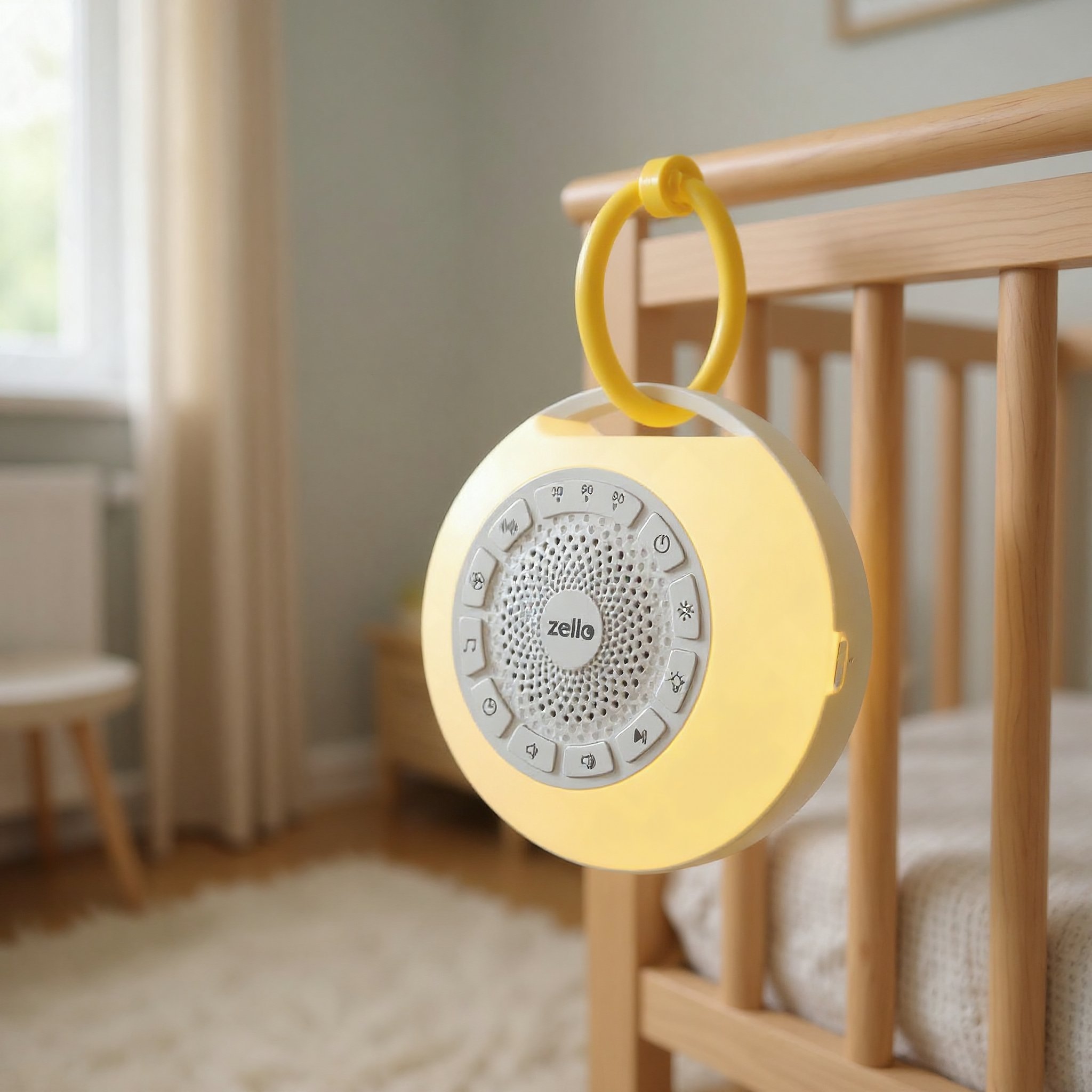 Baby Einschlafhilfe White Noise Maschine am Babybett im Kinderzimmer