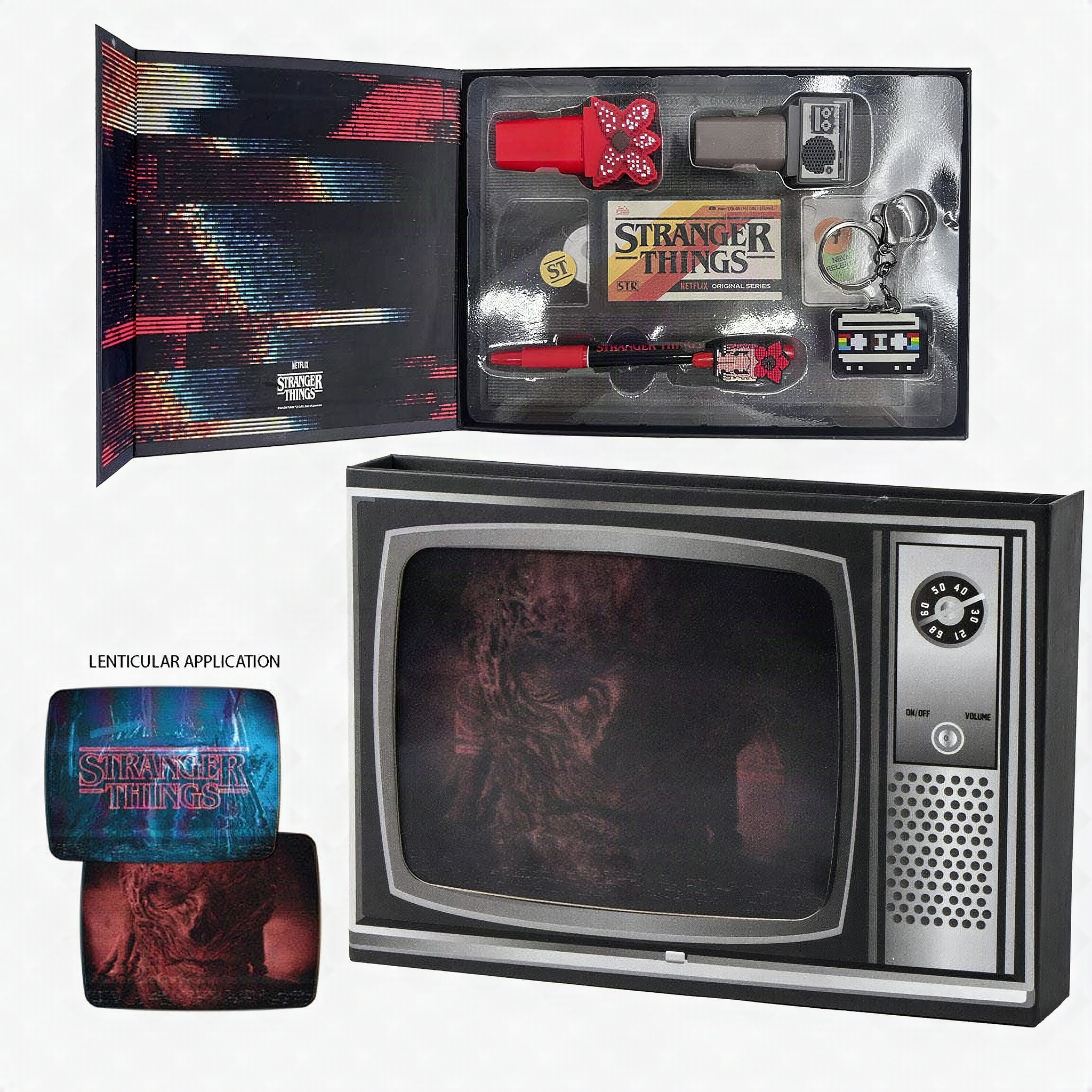Open gift box in a CRT television design with the stationery set inside