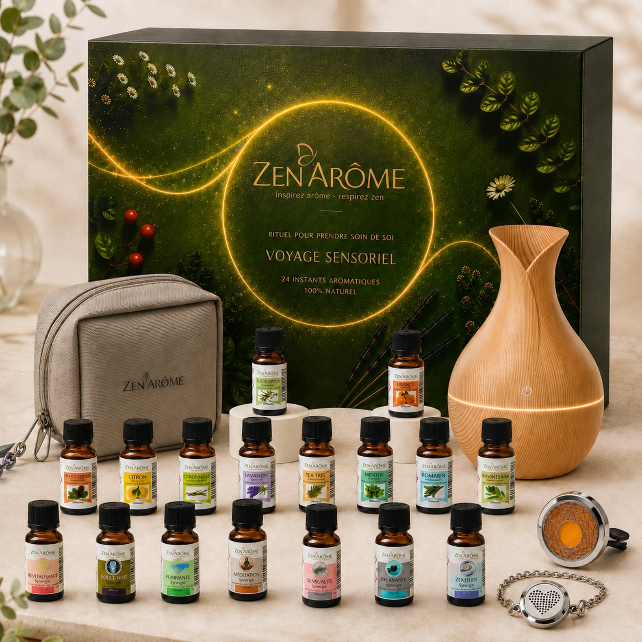 Contenu du calendrier aromathérapie : flacons d'huiles, diffuseur effet bois, trousse grise