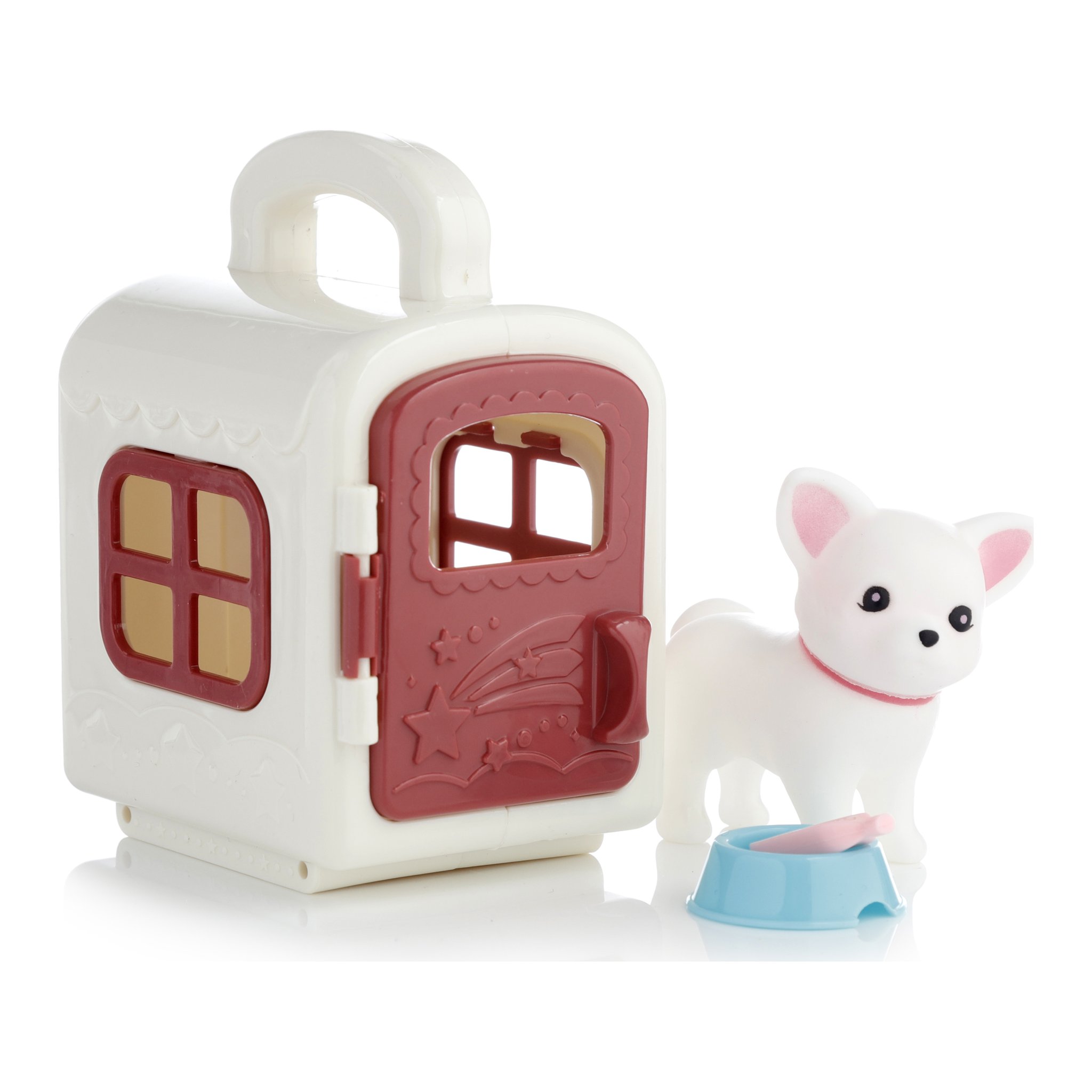 Weisse Spielbox mit Hund und Futternapf