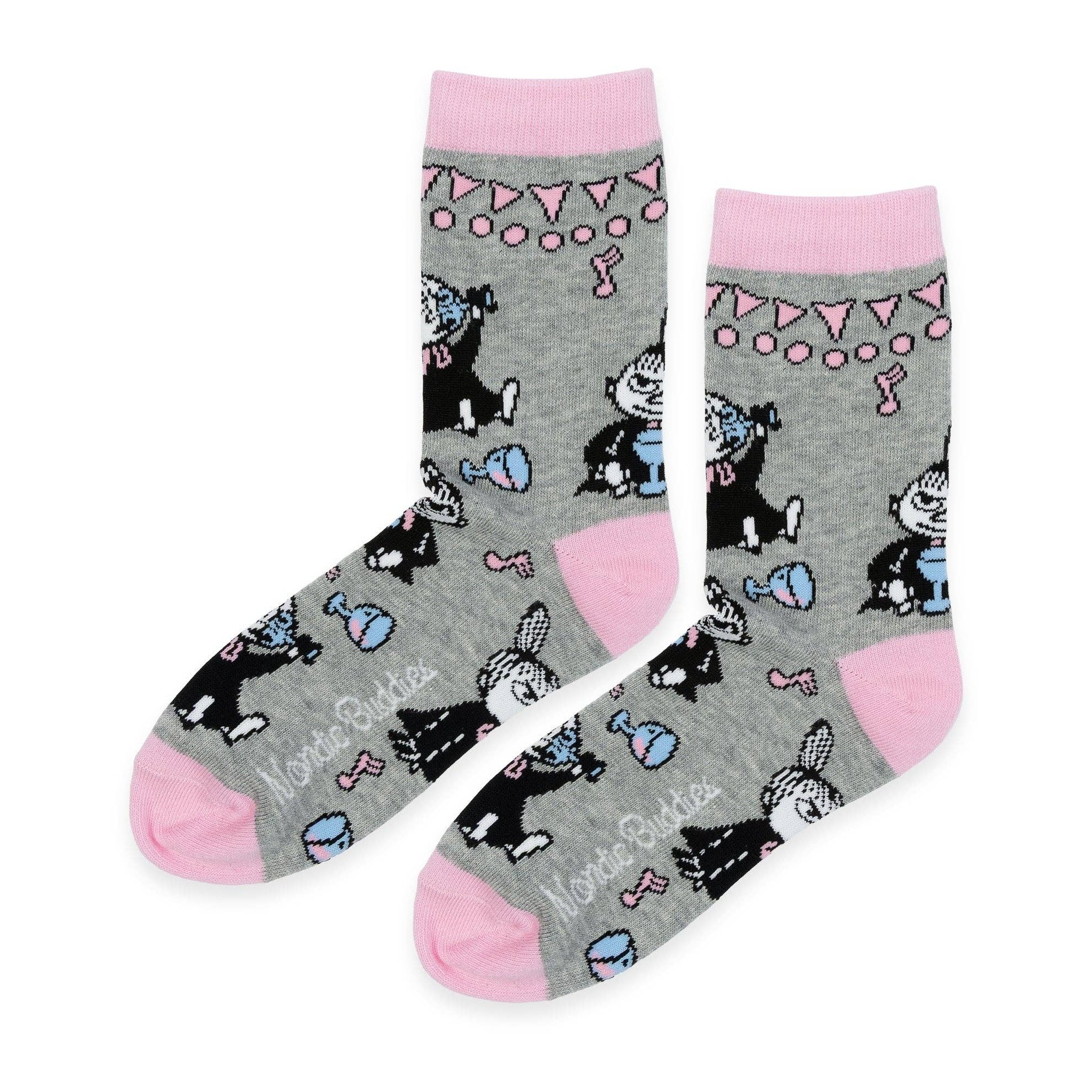 Moomin socks in grey with Little My and party bunting, first pair from the gift box