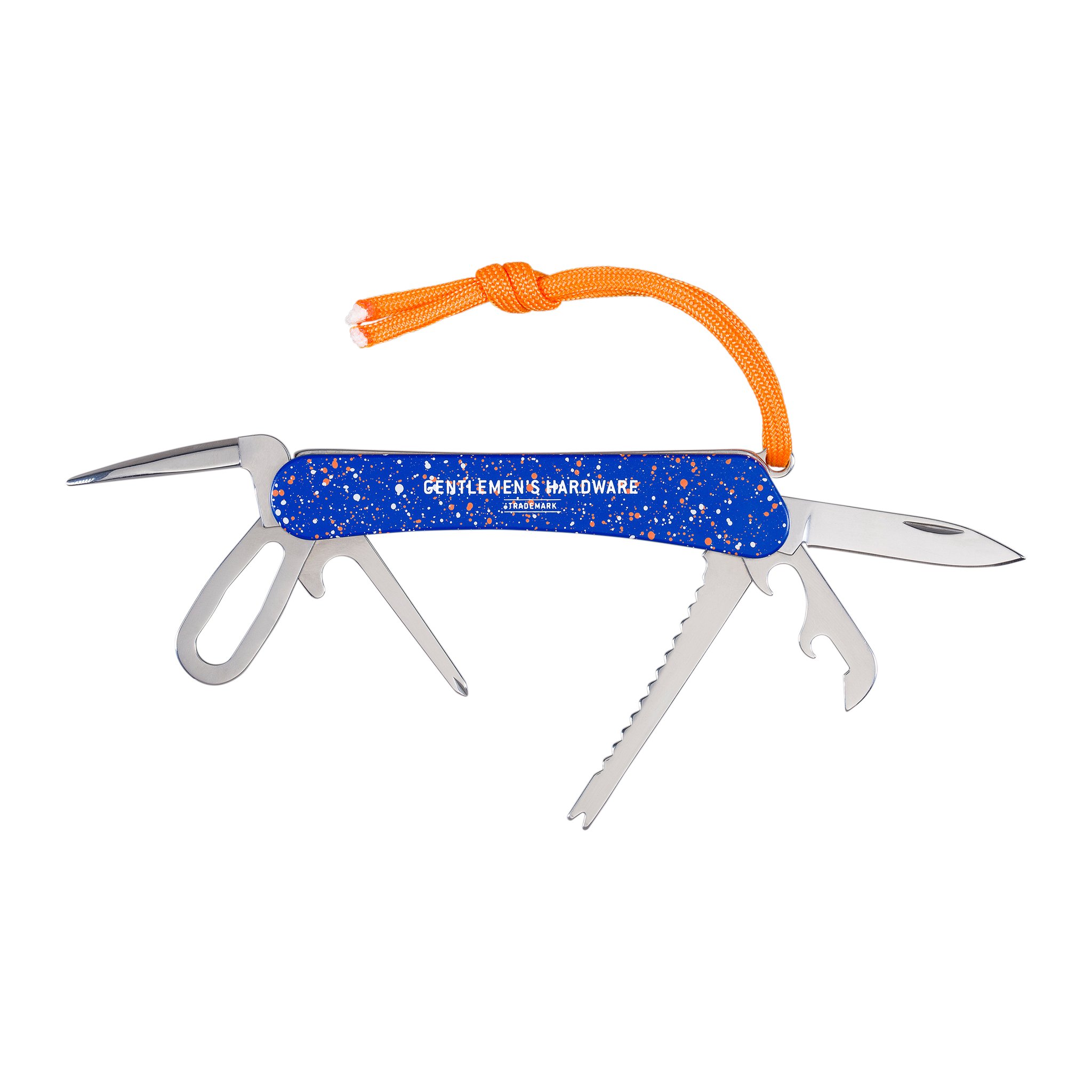 Marine Multitool freigestellt: blauer Griff mit weissen und orangen Sprenkeln, alle Werkzeuge ausgeklappt