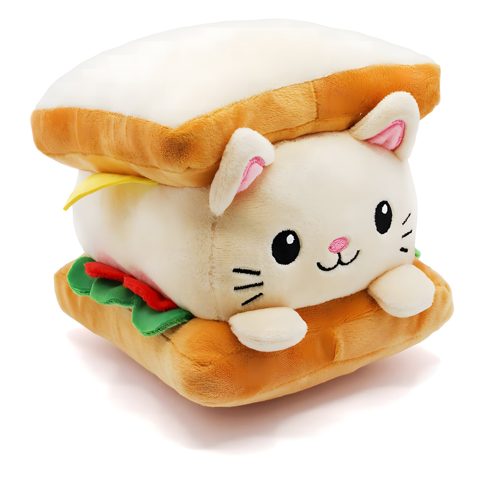 Yummie Cats Katzen-Toast Plüsch schräg von vorne: Katze zwischen zwei Toastscheiben mit Salat und Tomate