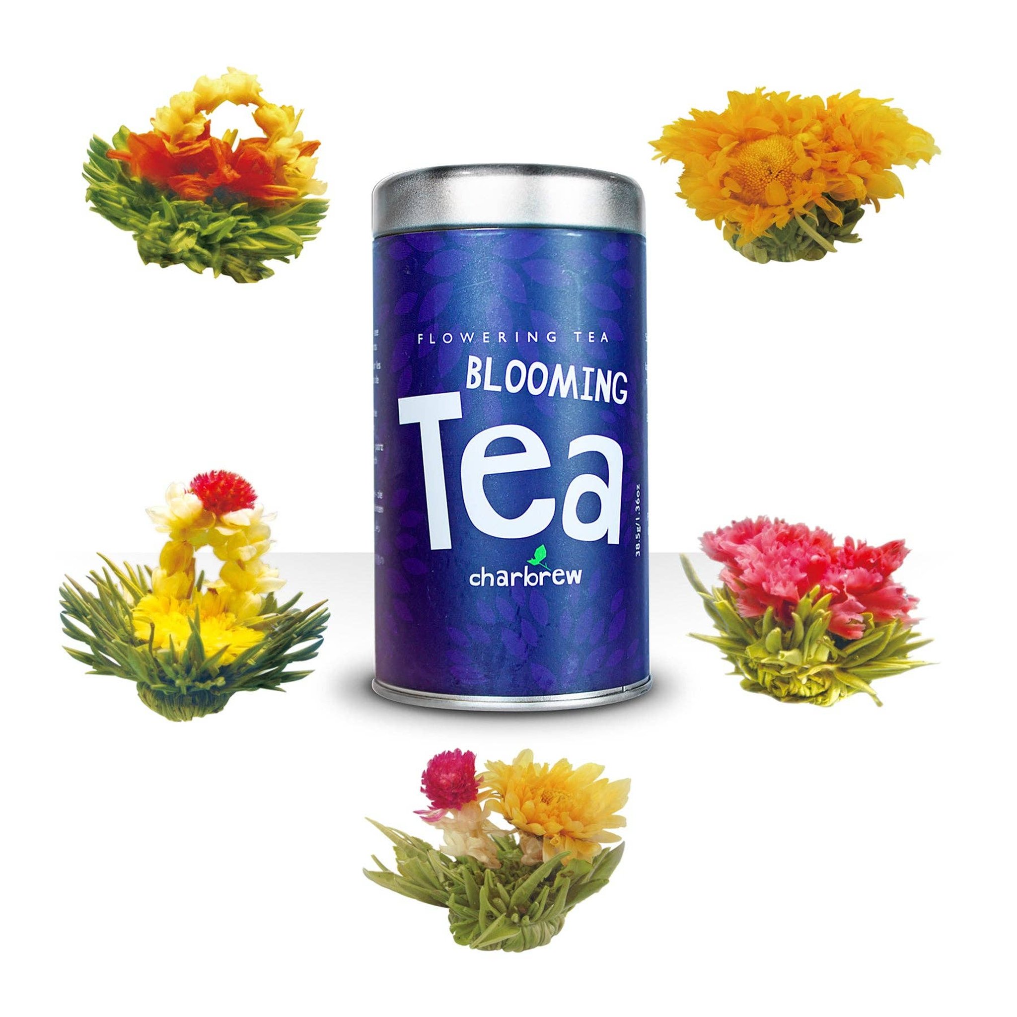 Fünf verschiedene Teeblüten rund um die Blooming Tea Dose