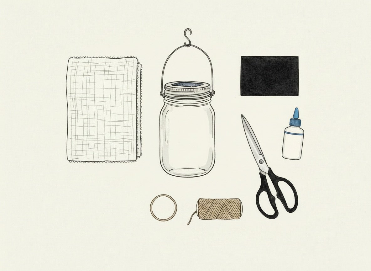 Sketch: solar jar with lid and handle, cotton gauze, black felt, scissors, jute twine, rubber band and fabric glue