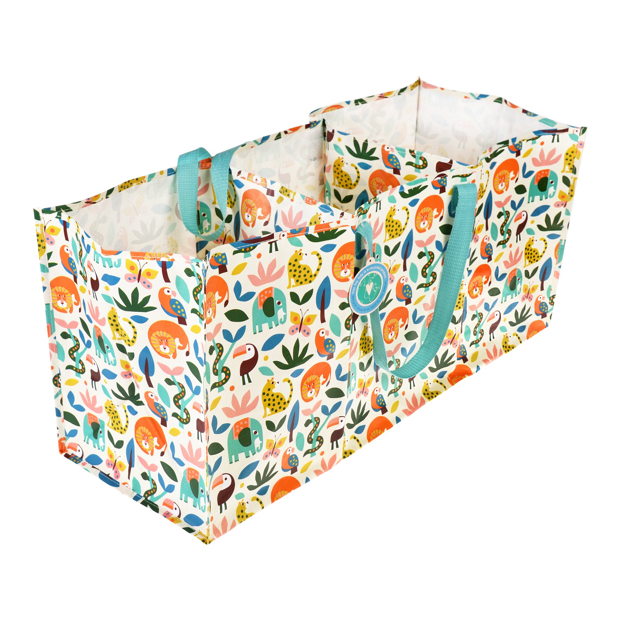 Le sac de rangement Wild Wonders avec animaux de la jungle et anses turquoise, détouré