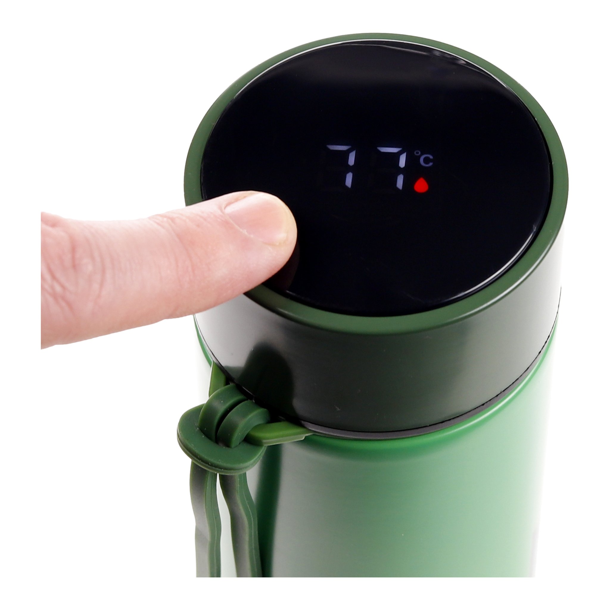 Finger on the temperature display of the Minecraft flask, 77 degrees