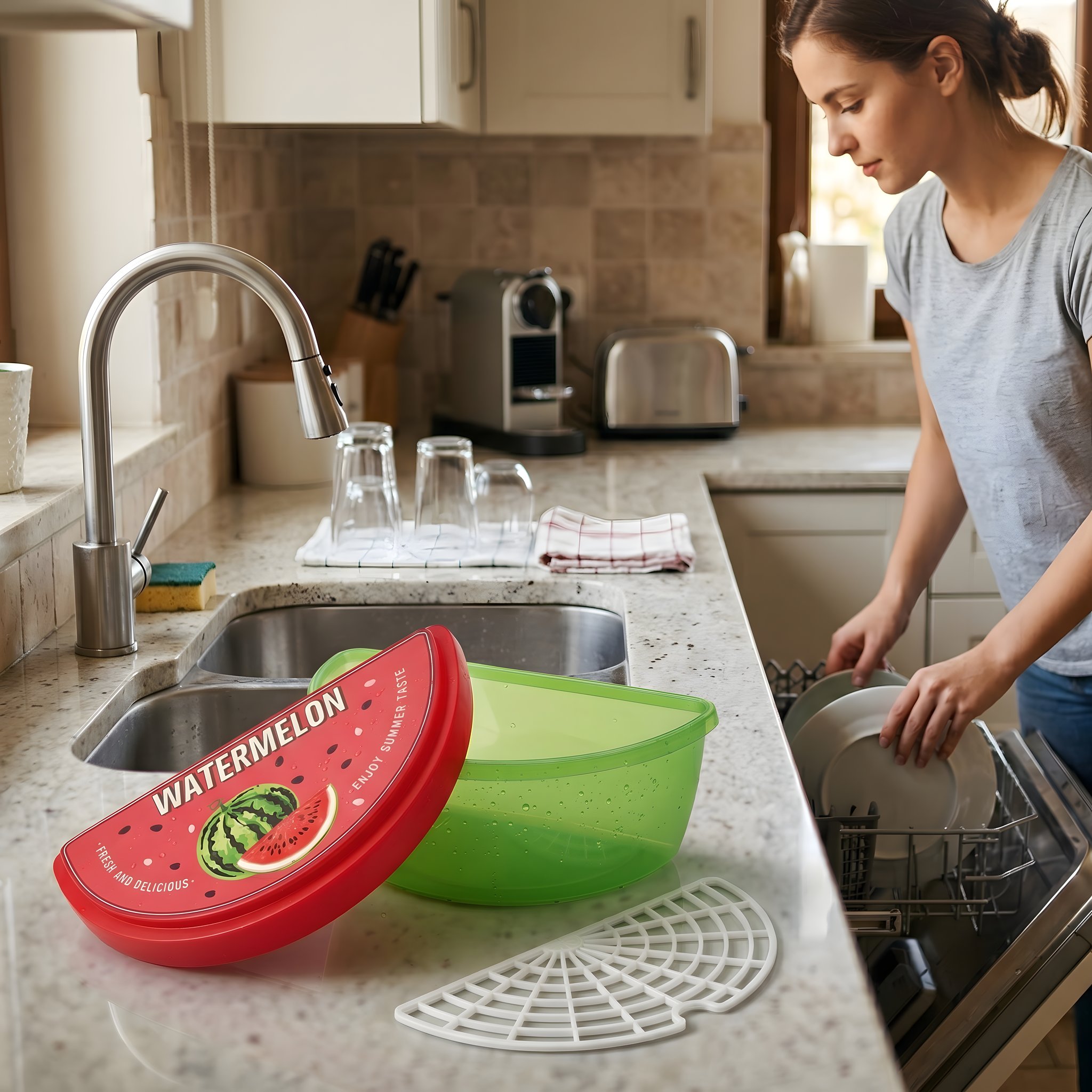 Wassermelonen Frischebox mit Gitter neben der Spüle