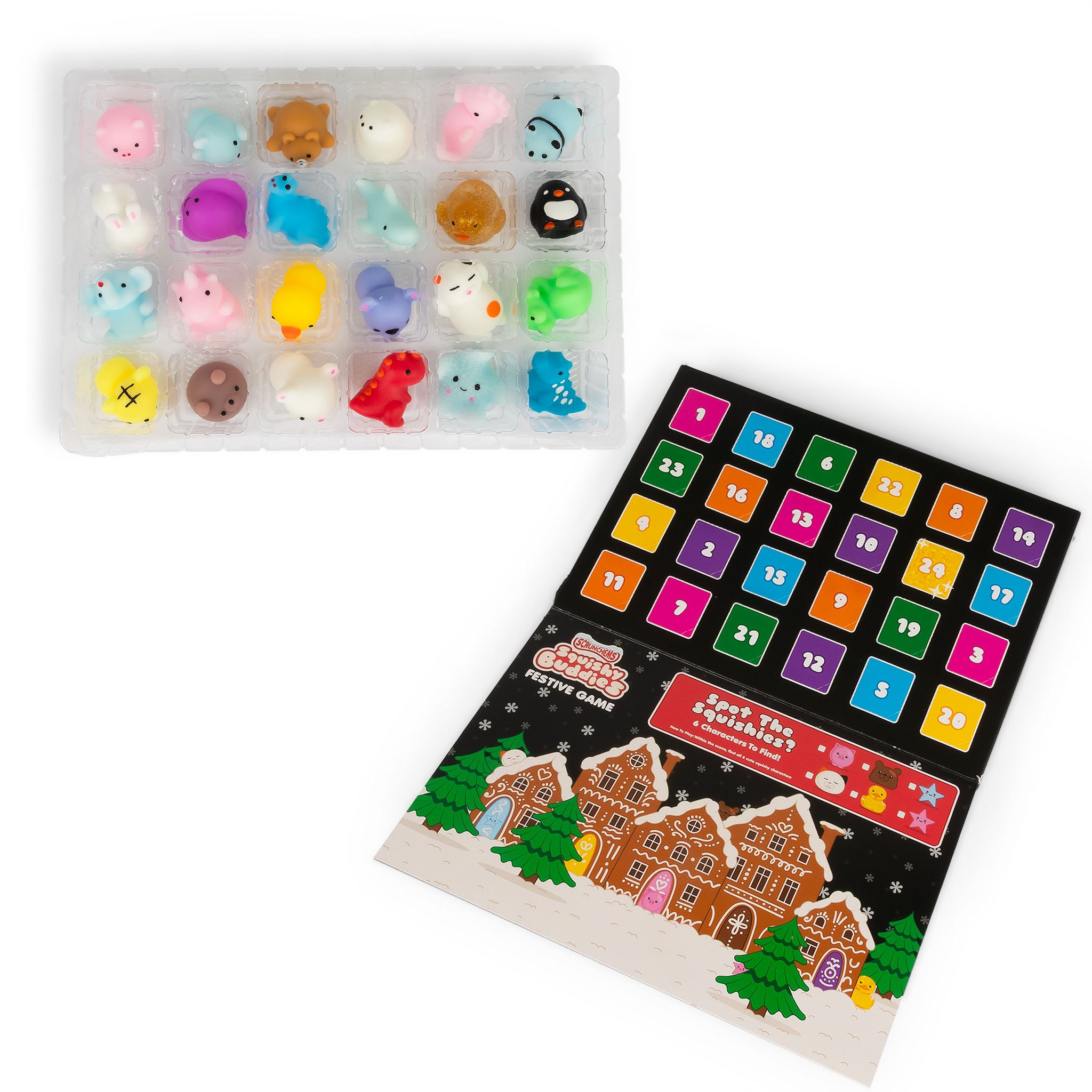 Einsatz mit den 24 Squishies und der aufgeklappte Kalender mit den bunten Türchen