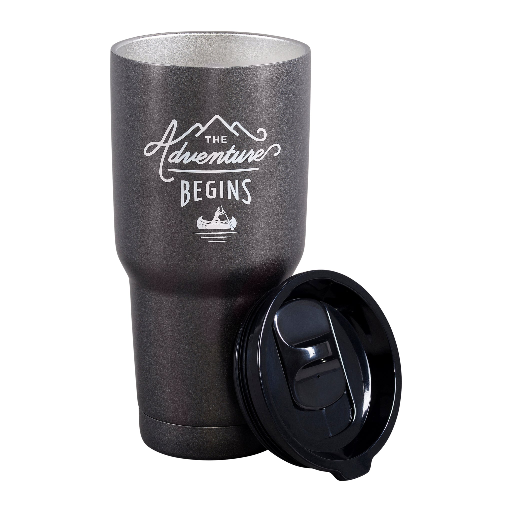 Adventure Reise-Kaffeebecher mit daneben liegendem schwarzem Deckel, innen glänzt das Metall silbern