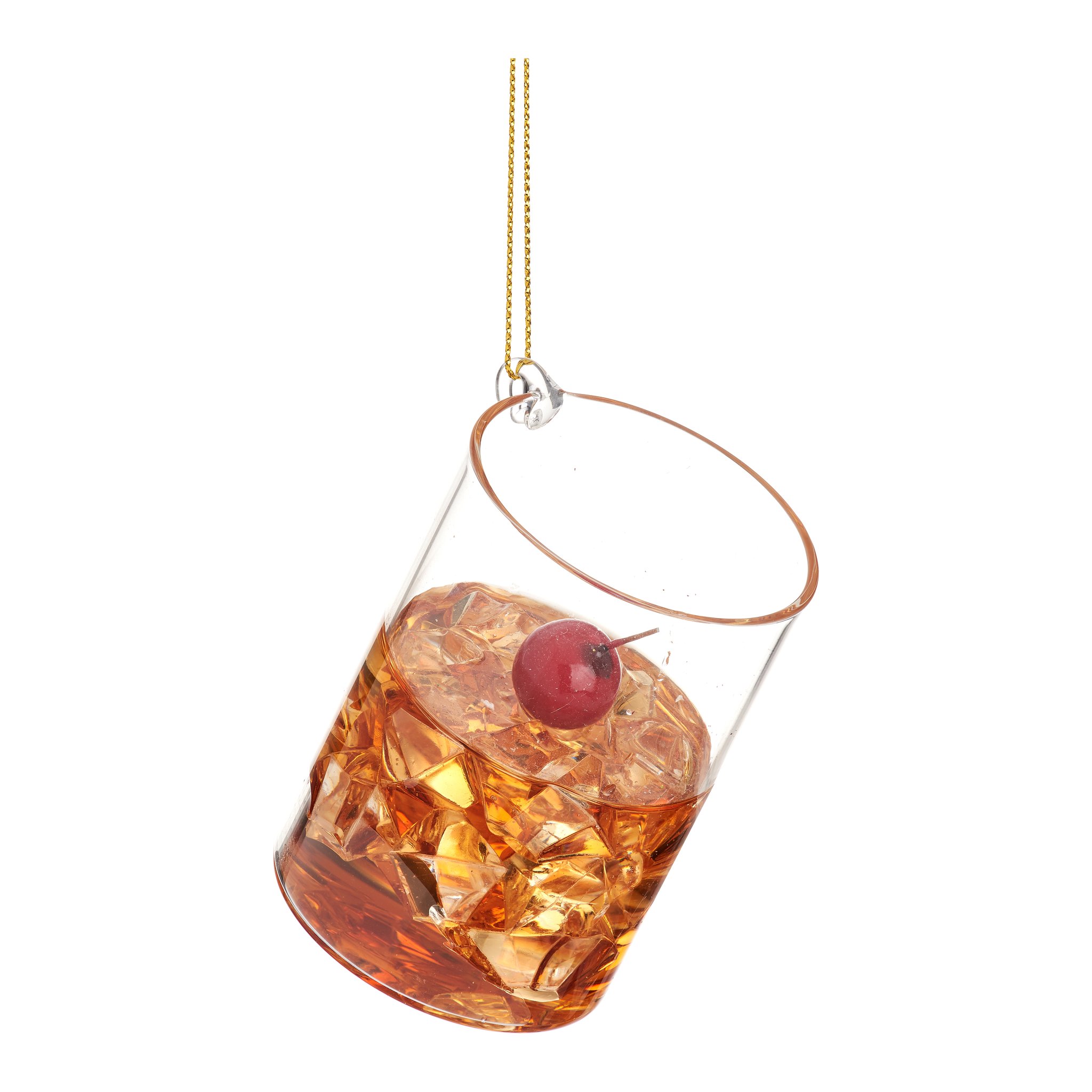 Décoration de sapin verre à whisky détourée, ornement en verre avec glaçons et cerise
