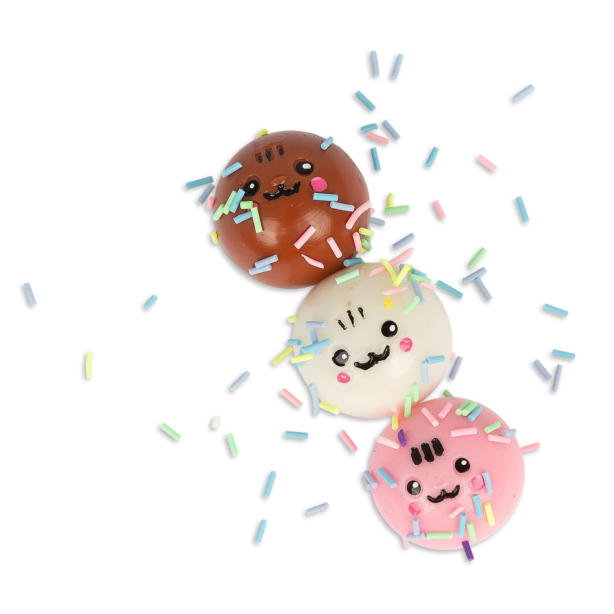 Tre palline sticky squishy marrone, bianca e rosa con codette colorate