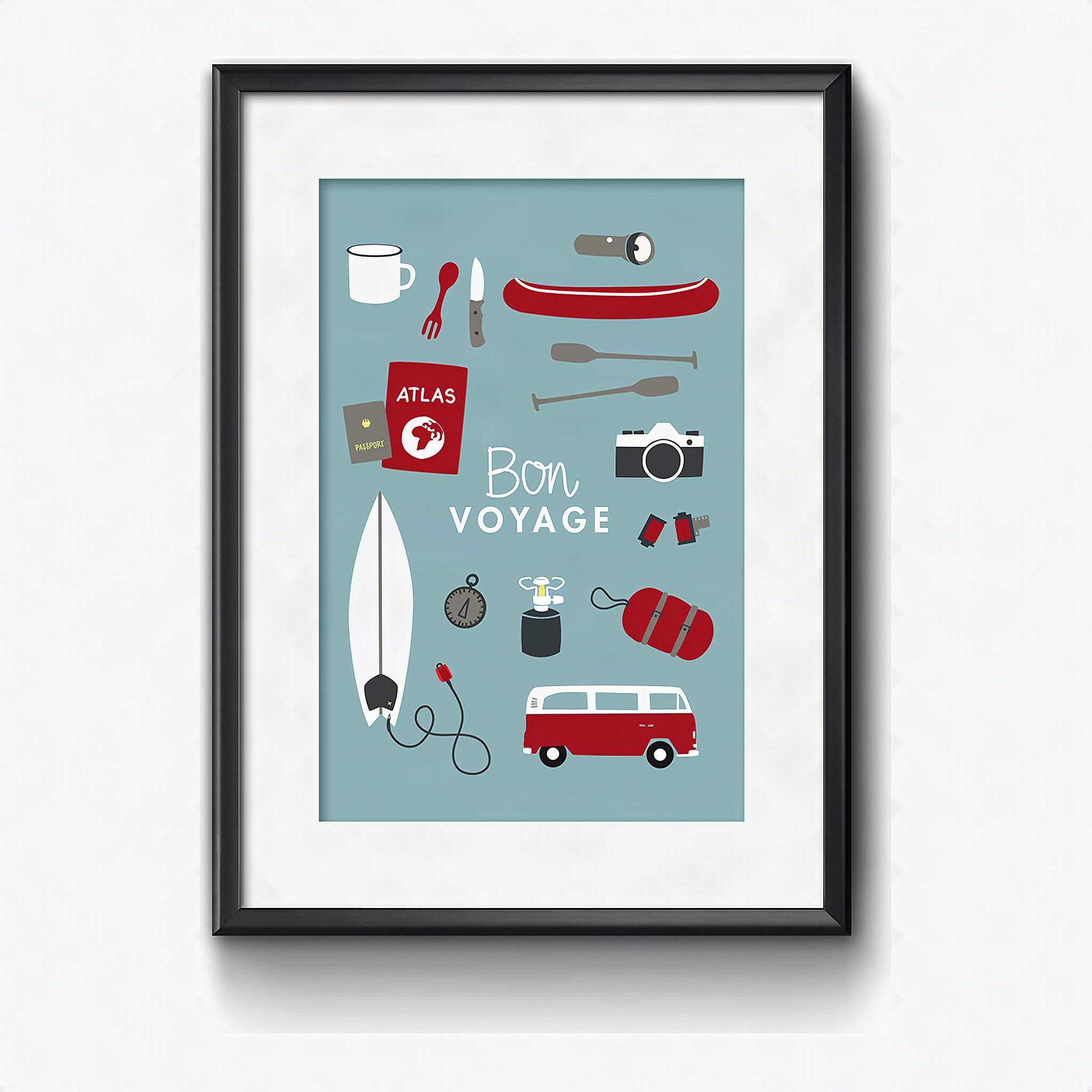 Kunstdruck Bon Voyage mit Reise-Utensilien, gerahmt