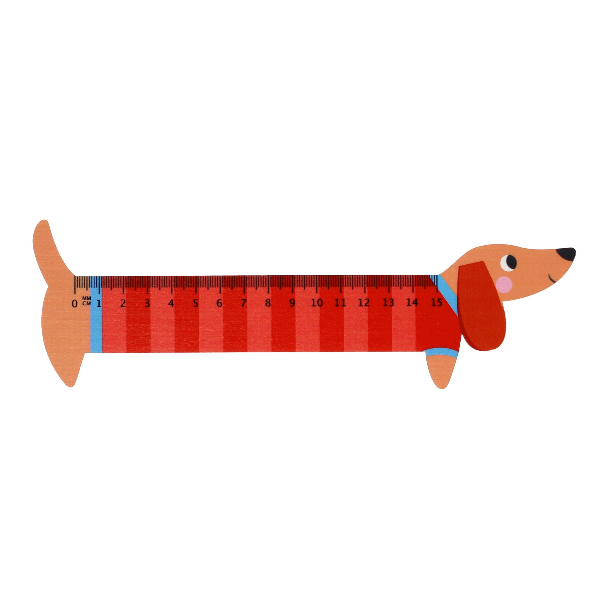 Il righello bassotto in legno scontornato: bassotto rosso con scala in centimetri sul dorso