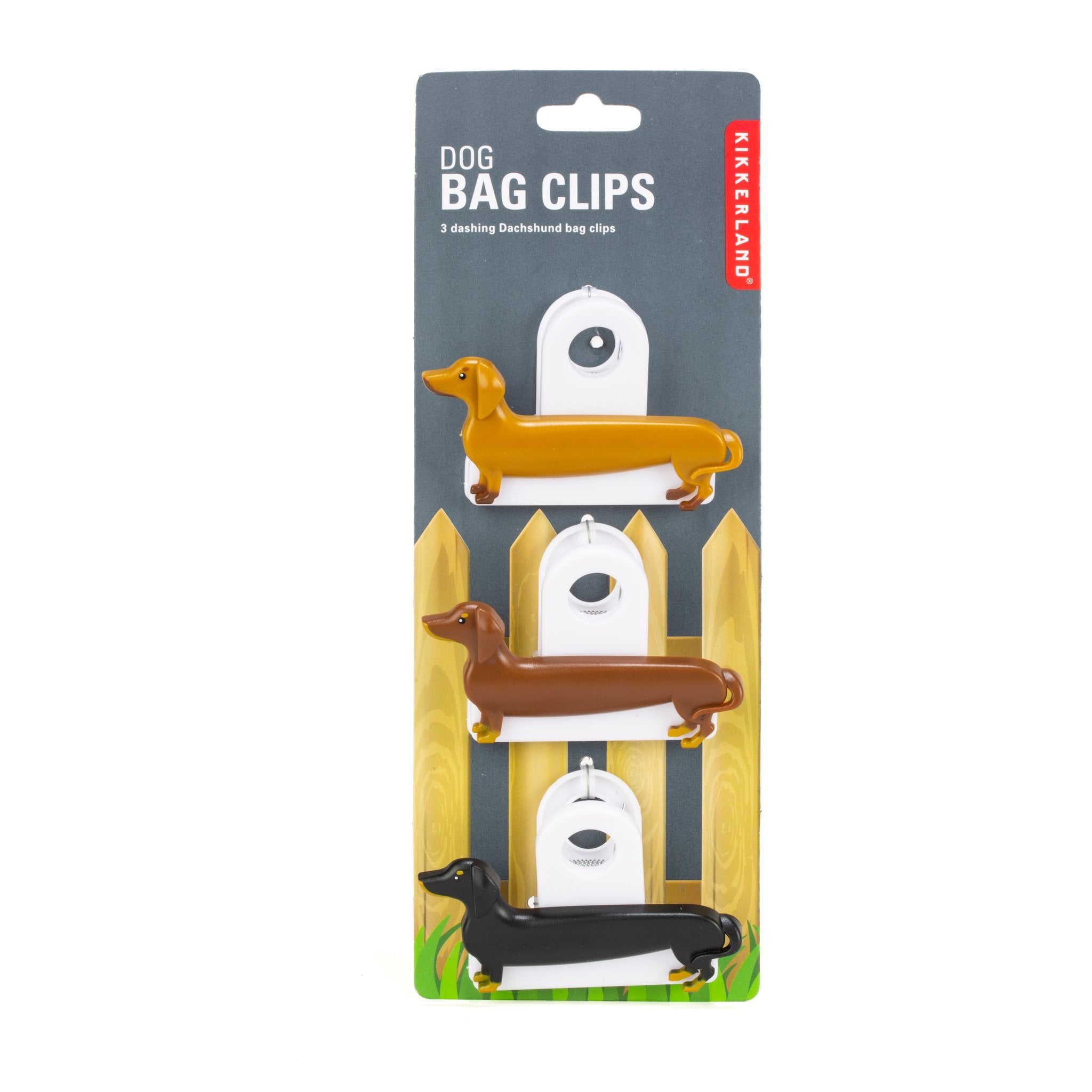 Verpackung des Dackel Beutelclips 3er-Sets von Kikkerland: Blisterkarte mit Gartenzaun-Motiv