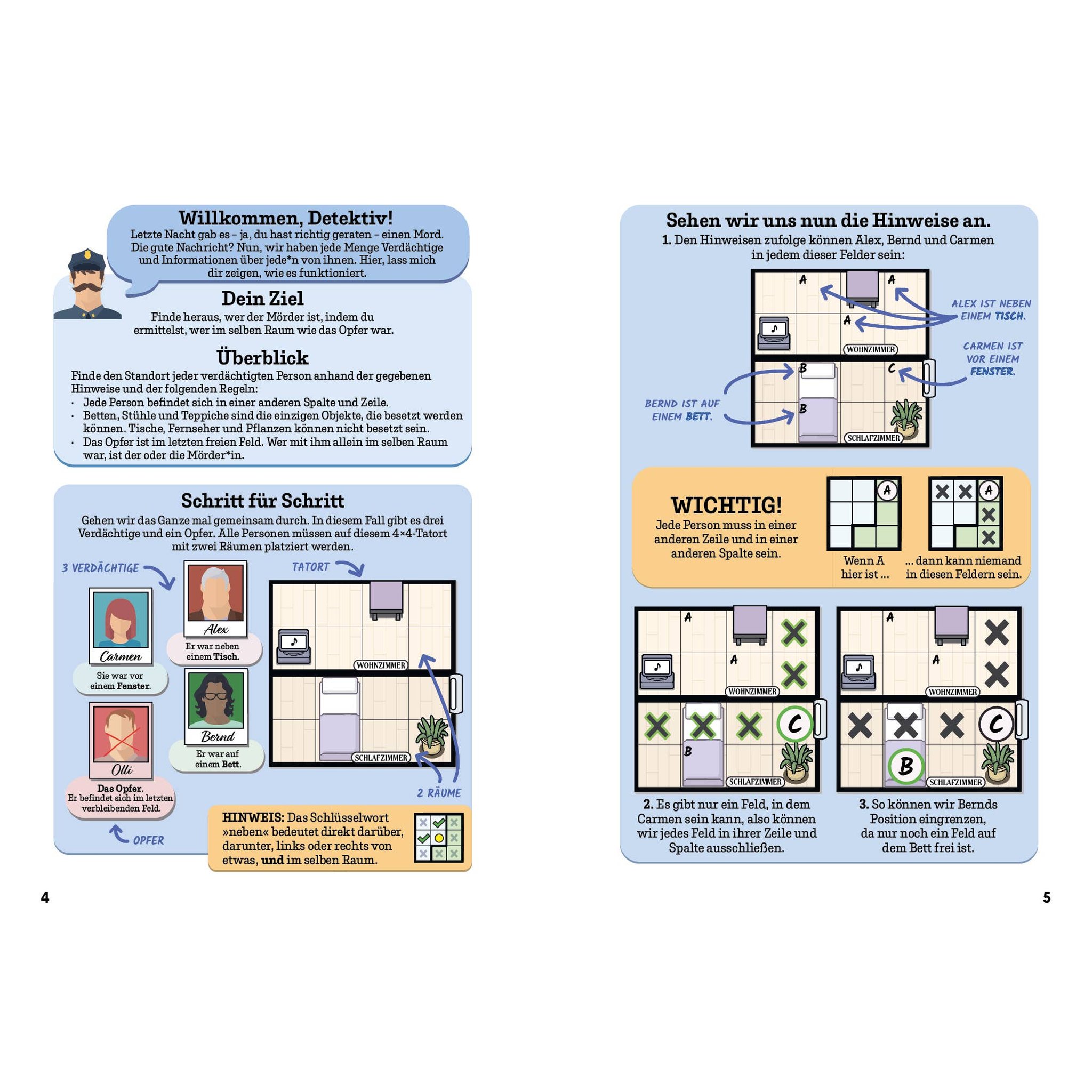 Double page from Murdoku with the instructions for detectives and an example case solved step by step