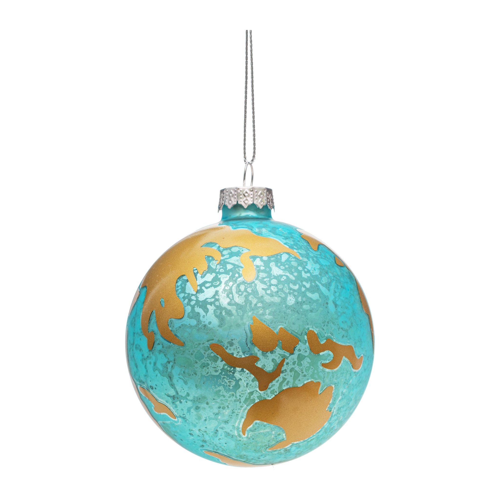 Turquoise glass globe bauble with gold continents