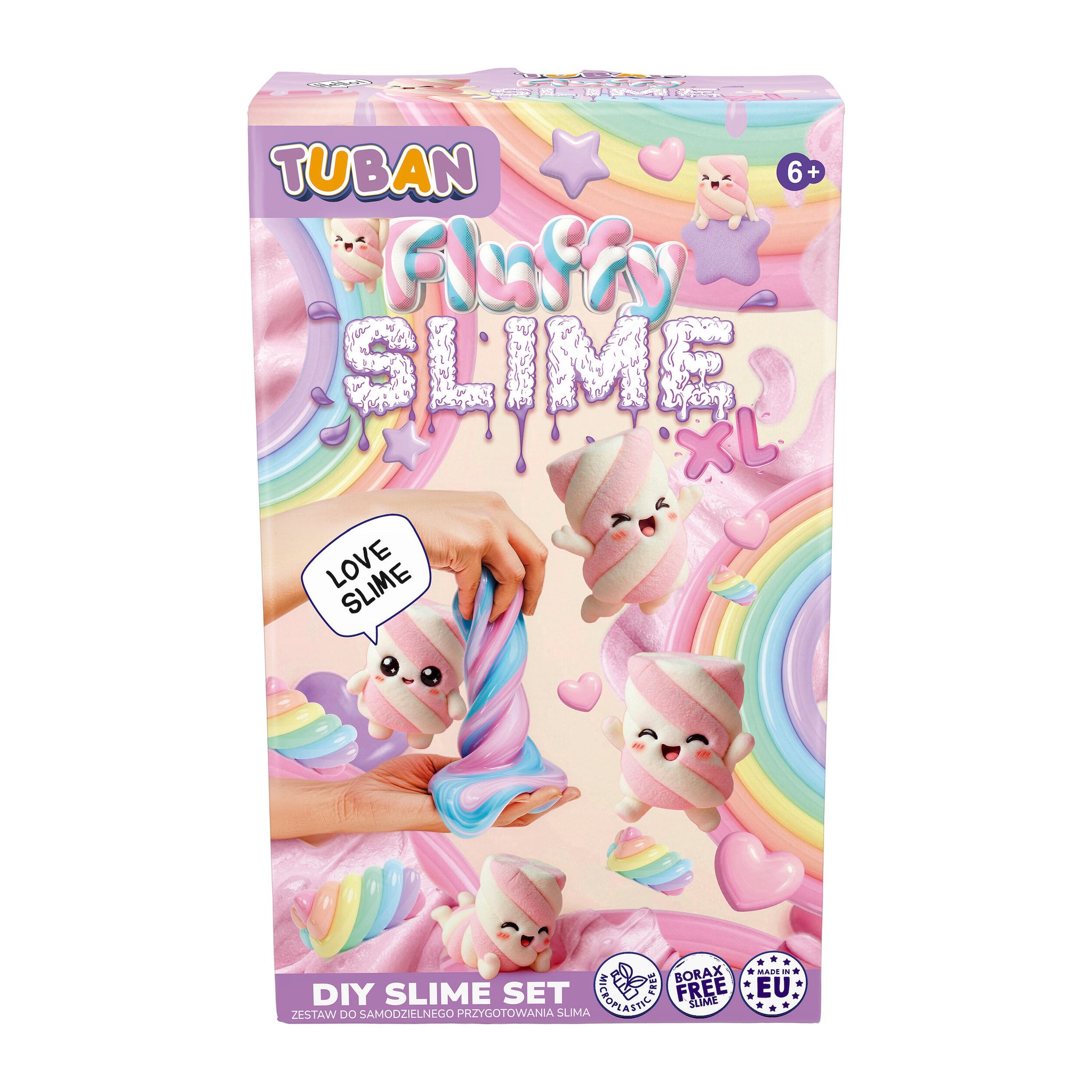 Fronte della confezione Fluffy Slime XL con mani che allungano slime rosa e blu