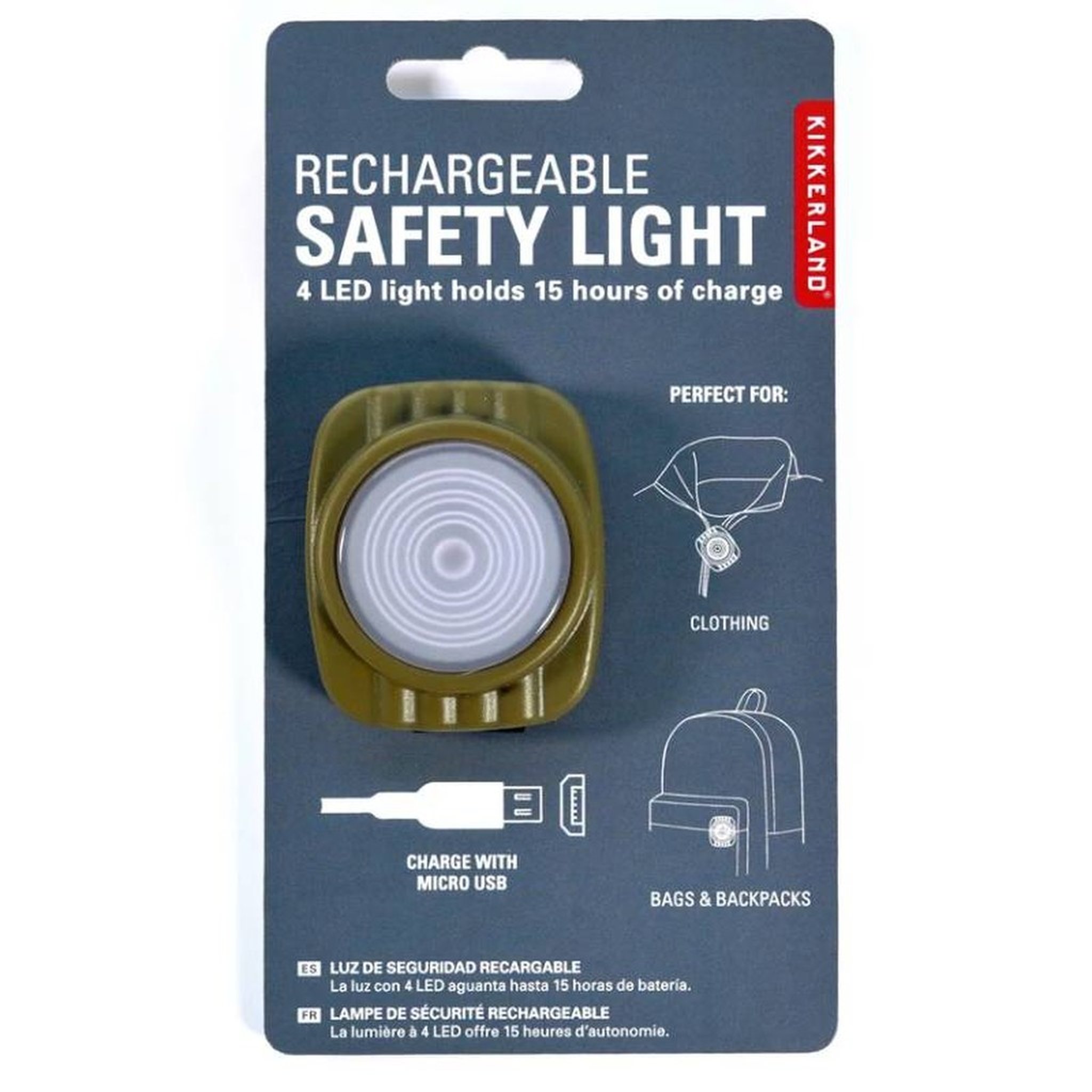 Lampe à clip dans l'emballage « Rechargeable Safety Light » de Kikkerland