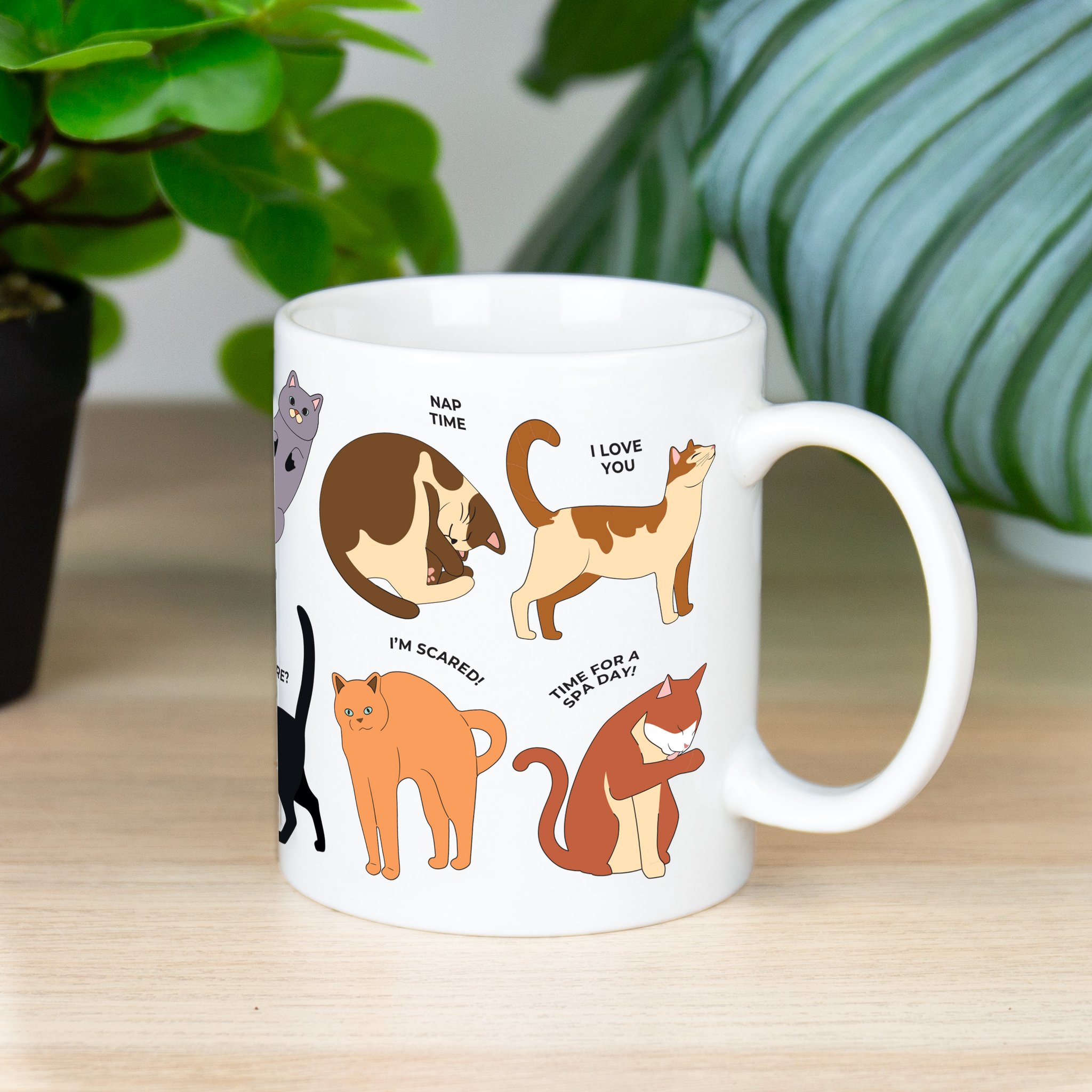 Katzensprache-Tasse mit Katzen-Illustrationen neben einer Zimmerpflanze