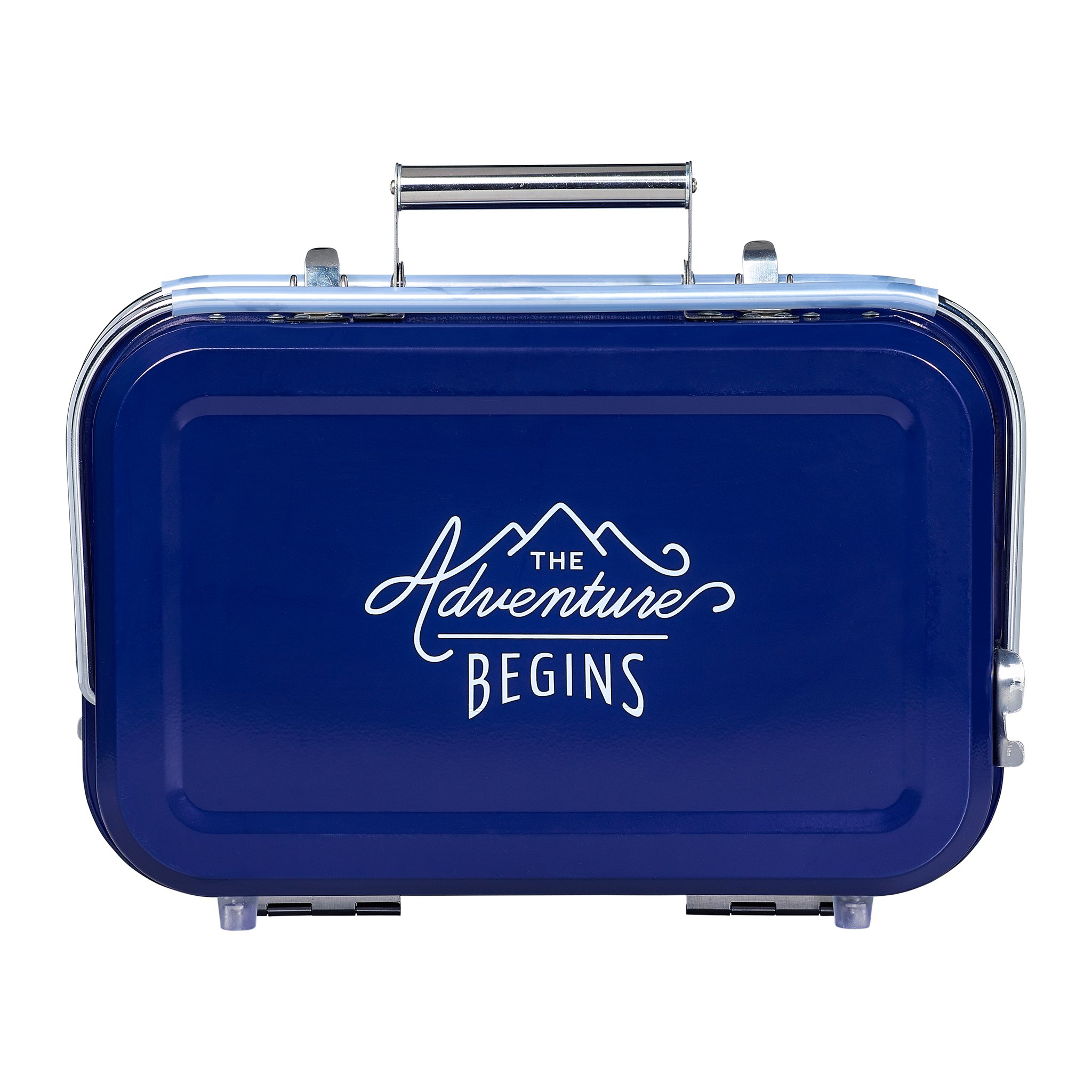 Large Portable BBQ seen straight on, closed, with the navy lid showing «The Adventure Begins» and the handle on top