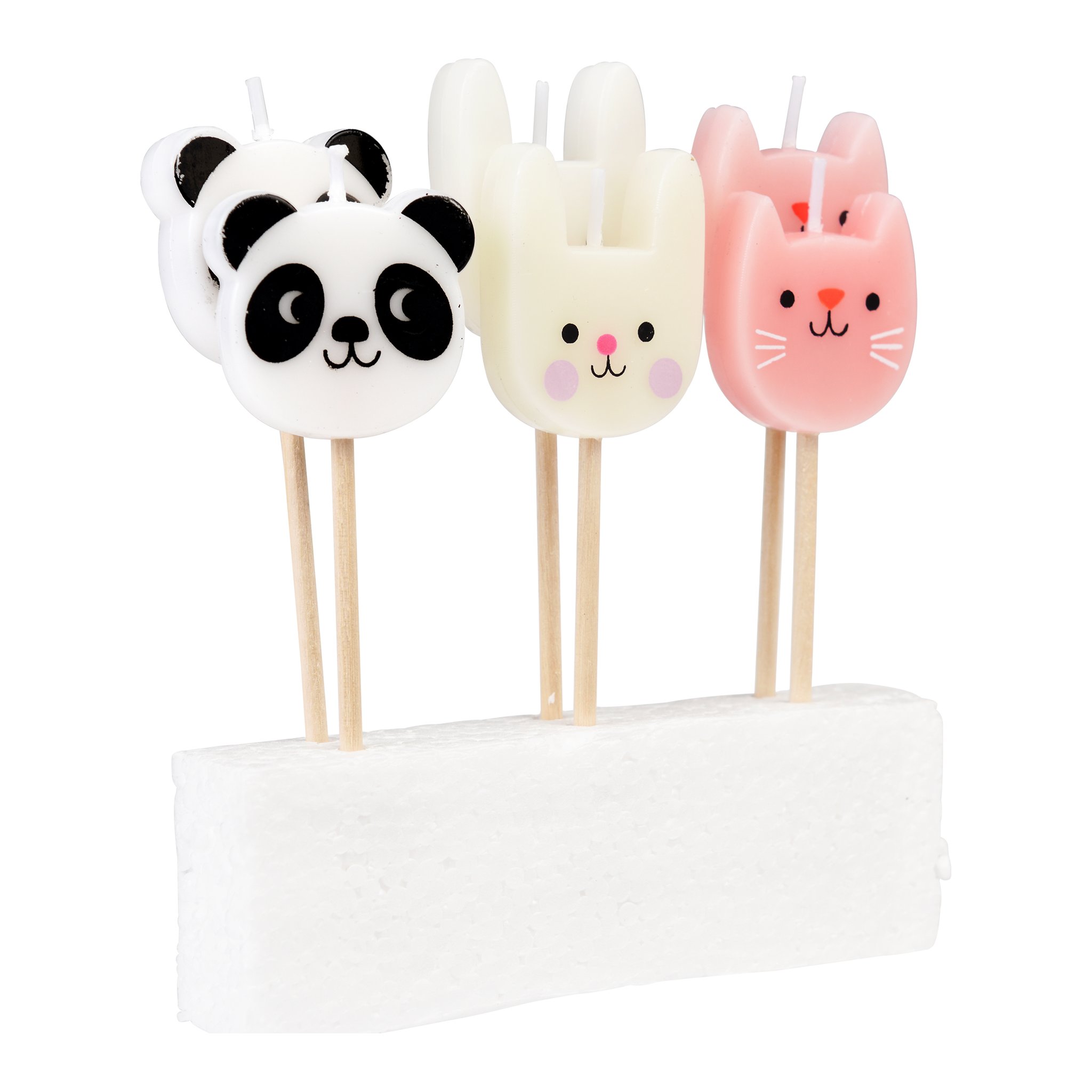 Les six bougies Miko and Friends dans leur support : panda, lapin et chat