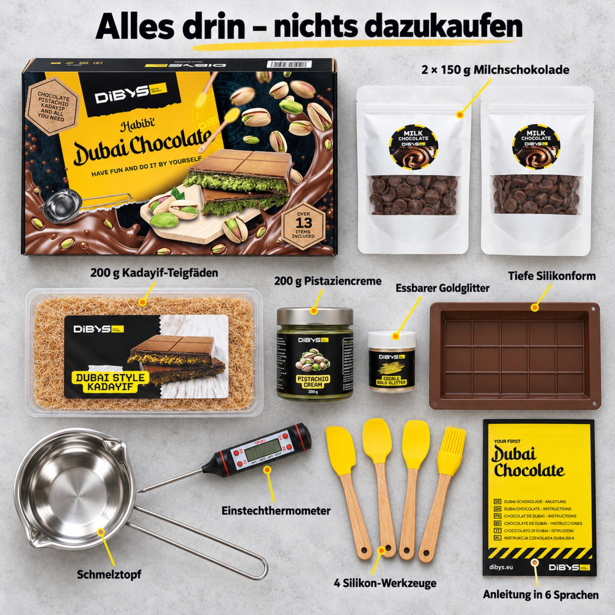 Contents of the Dubai chocolate kit at a glance, with melting pot, thermometer, silicone mould and instructions