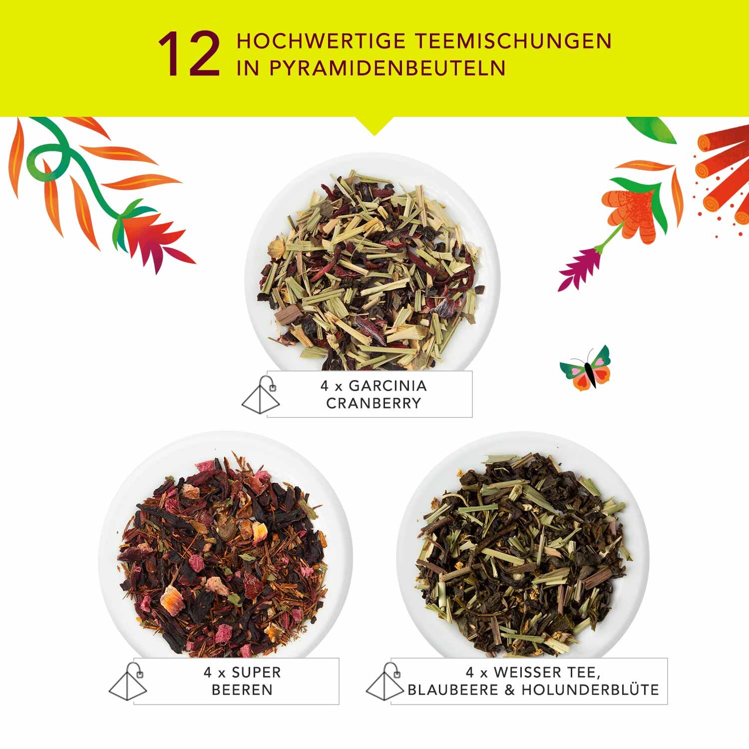 Drei Bio-Teesorten: Garcinia Cranberry, Super Beeren, Weisser Tee Blaubeere