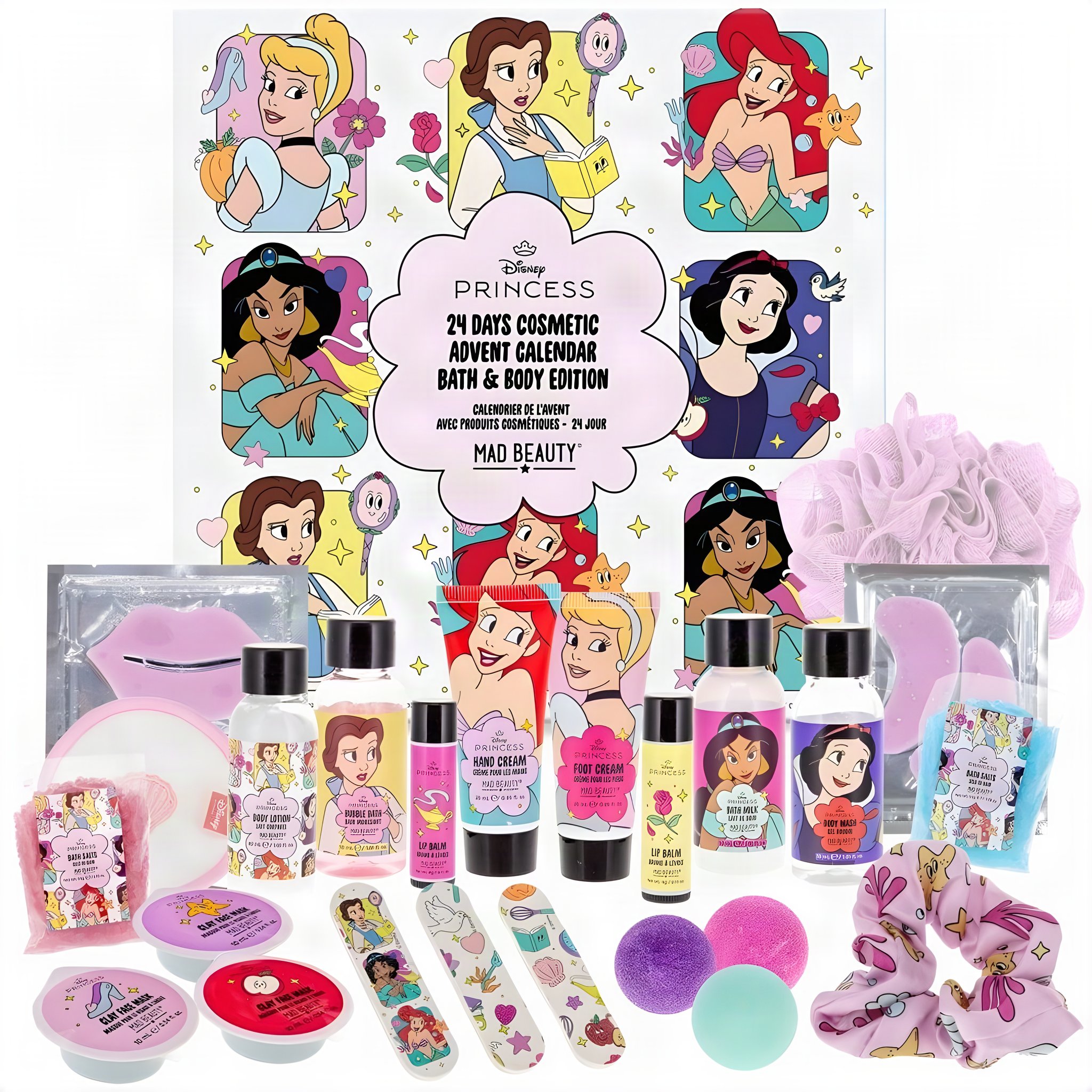 Calendrier de l'Avent beauté Princesses Disney avec sa boîte et tous les produits : lotion, bombes de bain et limes