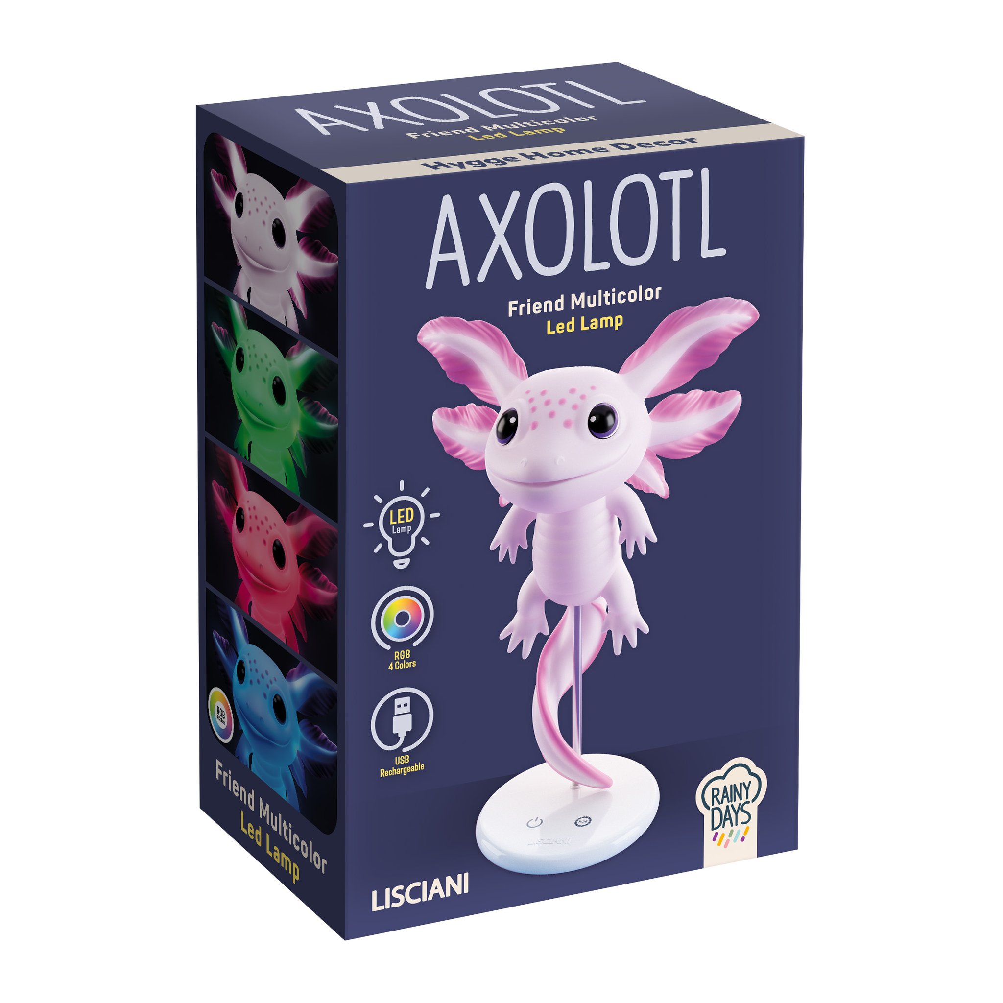 Confezione della lampada LED axolotl della collezione Rainy Days di Lisciani