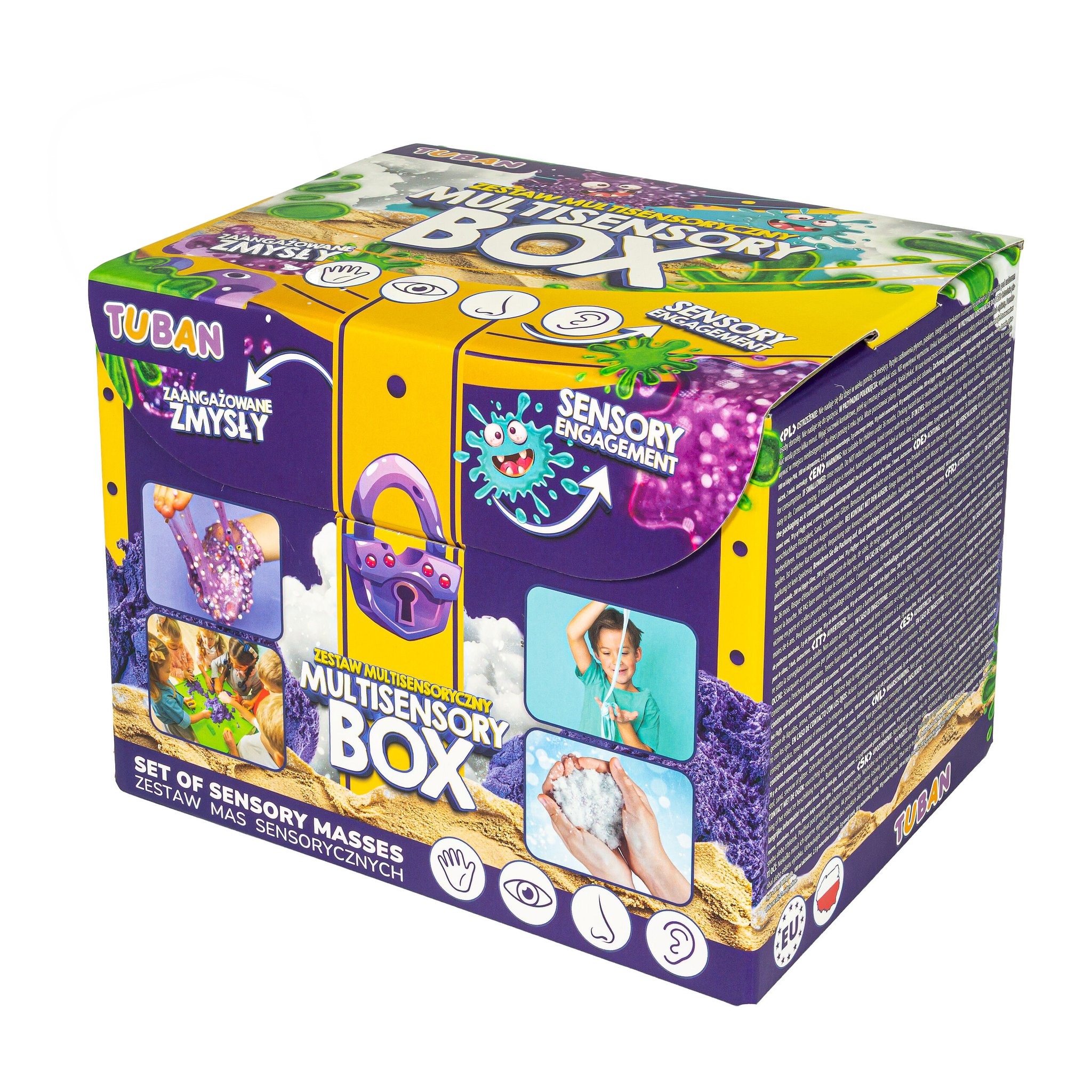 Multisensory Box di Tuban con maniglia, decorata con slime, sabbia e neve artificiale