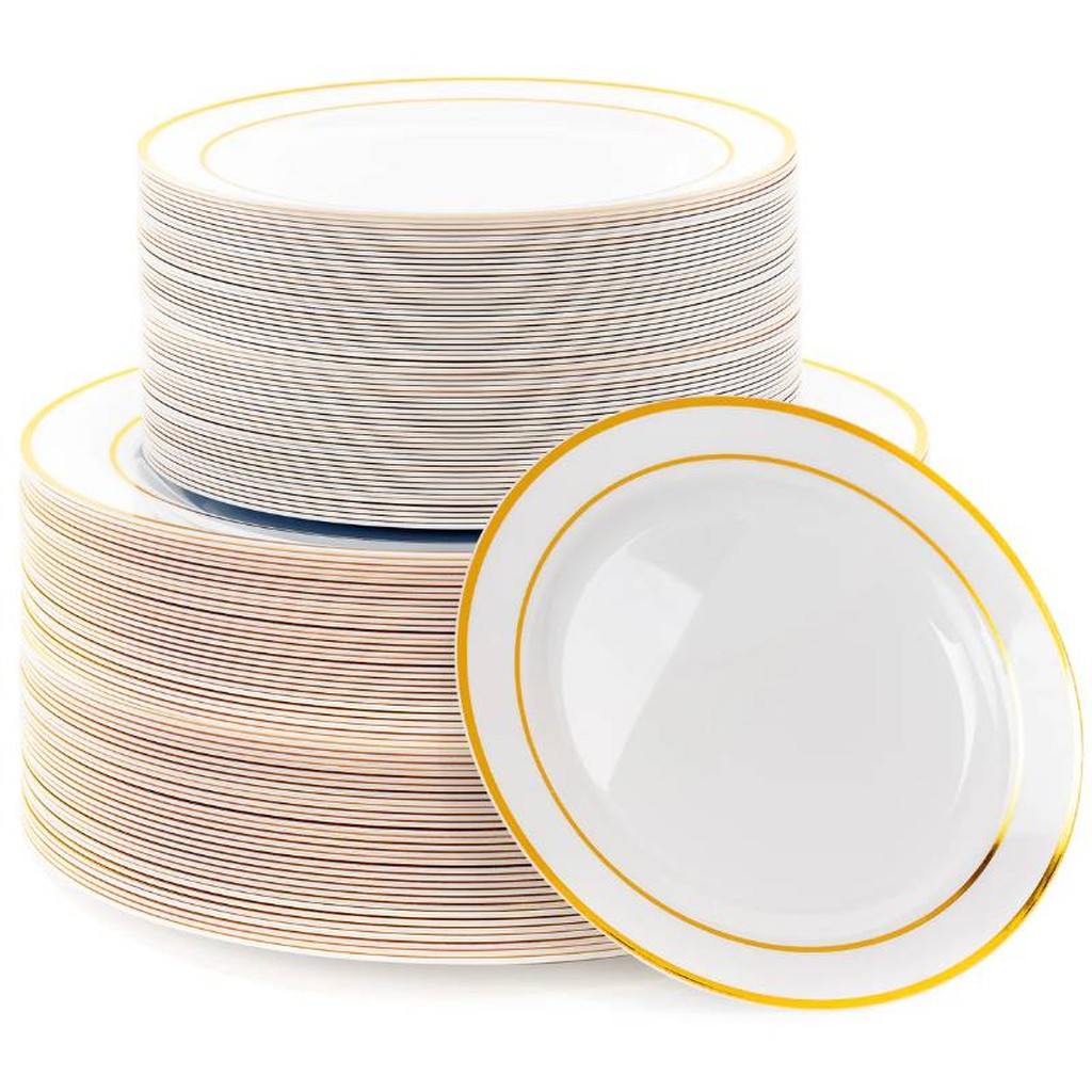 60 Mehrzweck-Teller-Set aus Kunststoff mit Goldrand