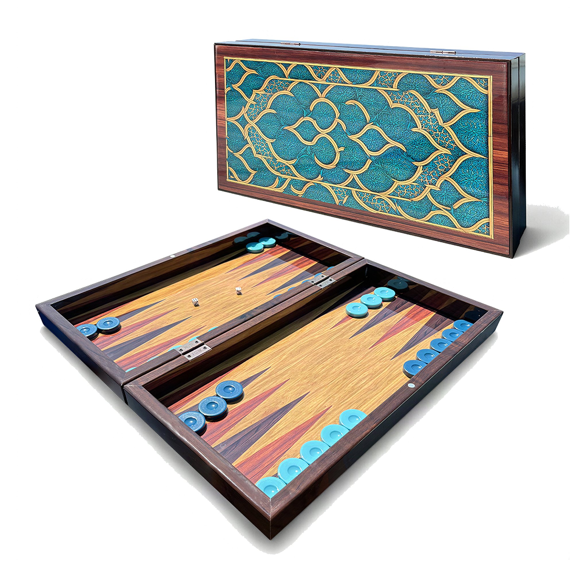 Backgammon-Set Oriental geschlossen und daneben aufgeklappt mit Spielsteinen