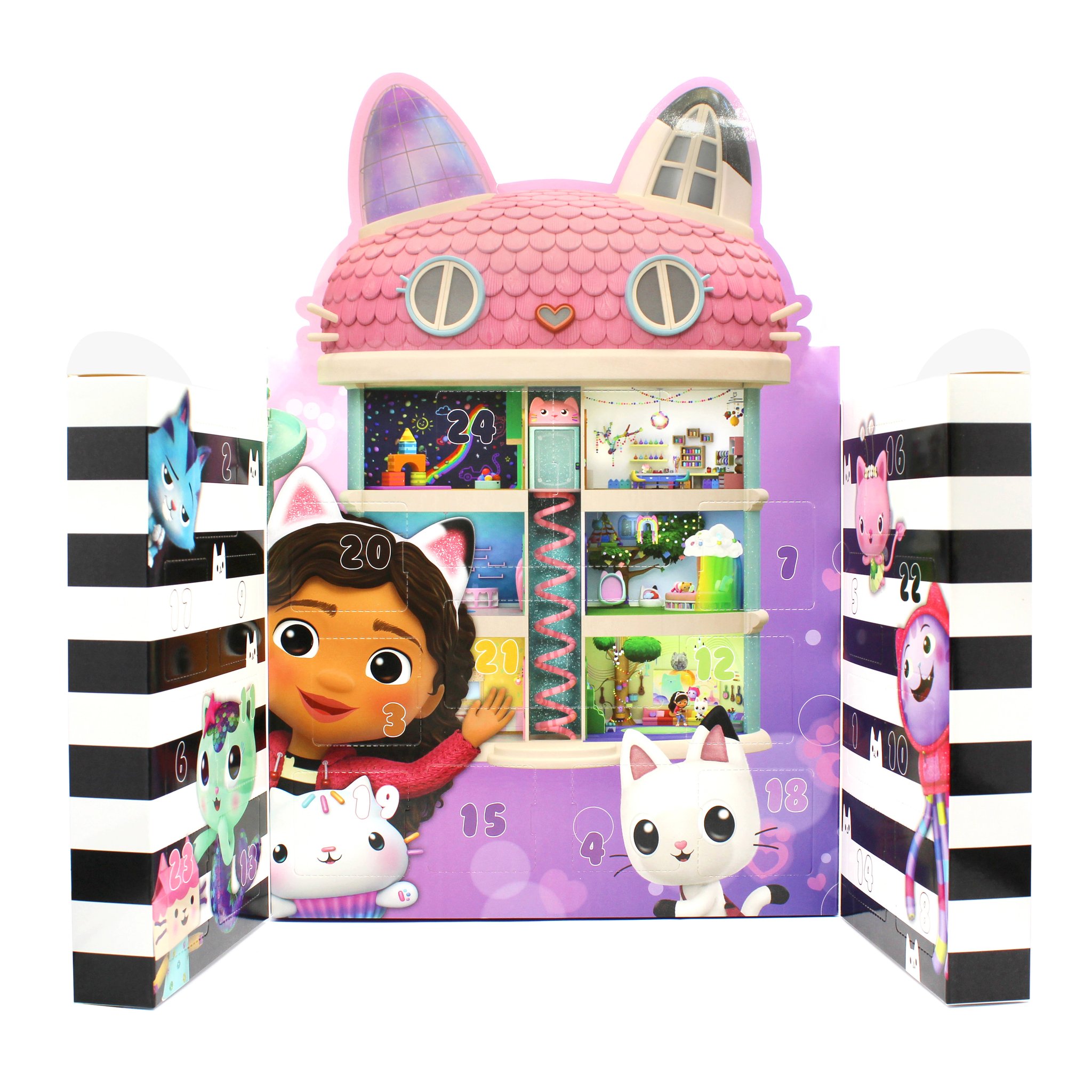 Aufgeklappter Gabby's Dollhouse Adventskalender mit den Zimmern des Puppenhauses und 24 nummerierten Türchen