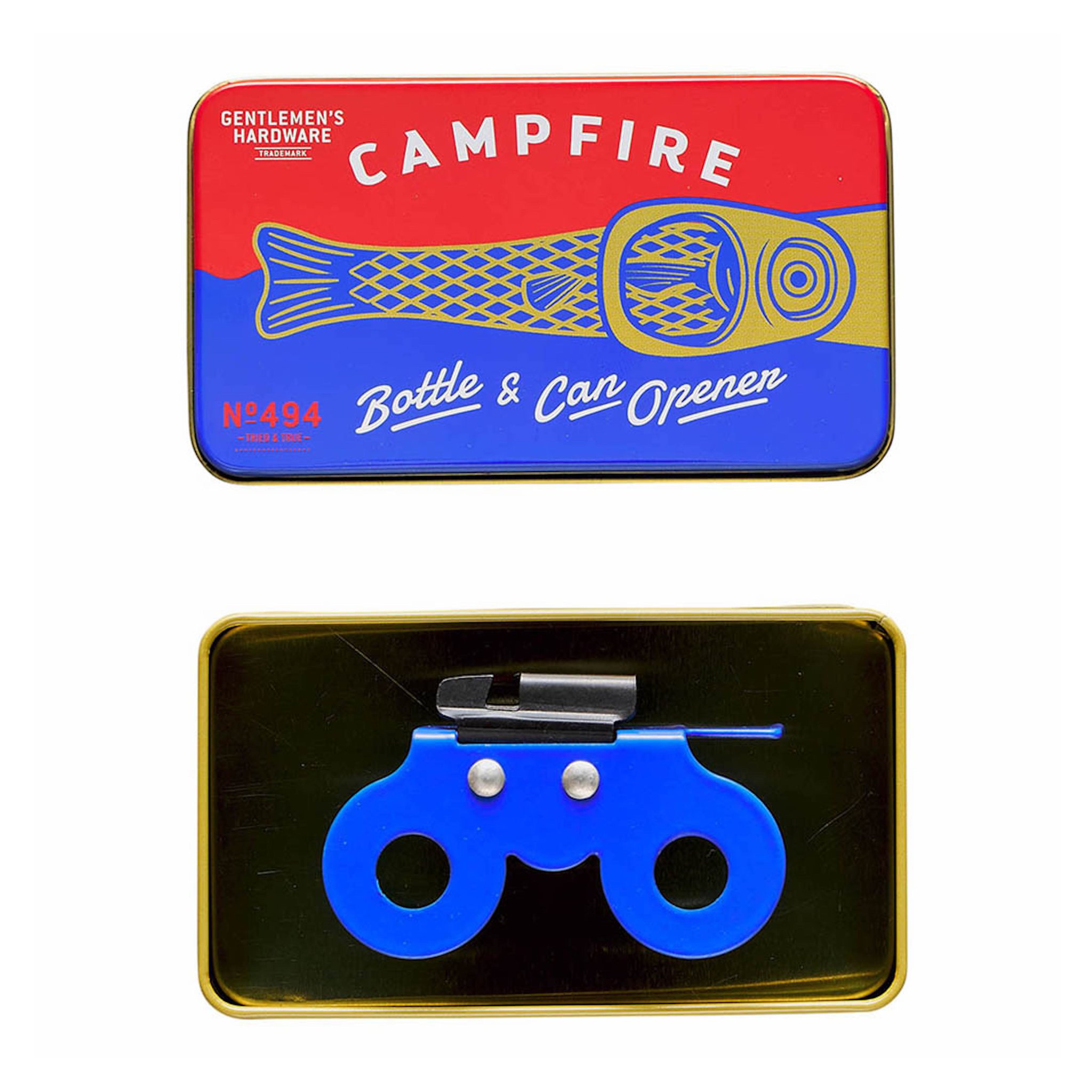 Red and blue tin with a fish design above its open base, holding the blue Campfire Bottle & Can Opener