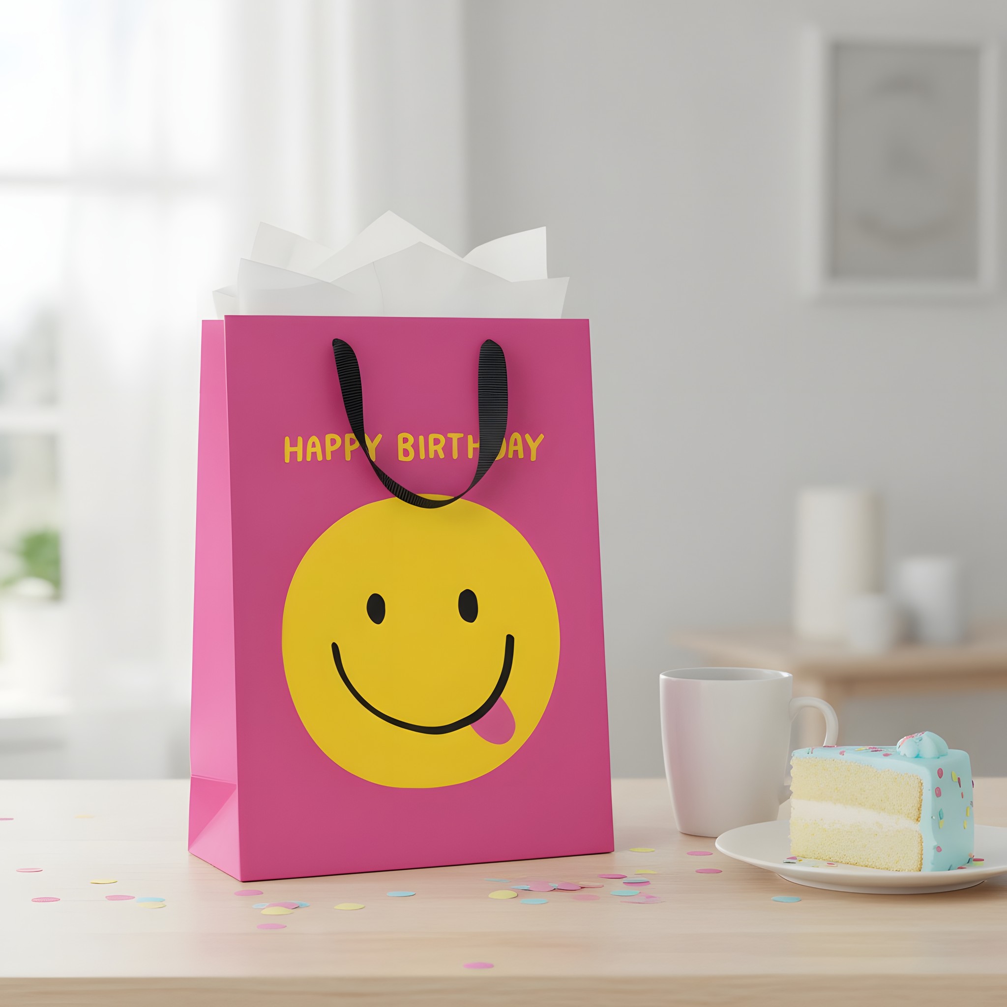 Busta regalo grande di compleanno con smiley giallo di Ohh Deer con carta velina e tazza su un tavolo di compleanno con torta e coriandoli