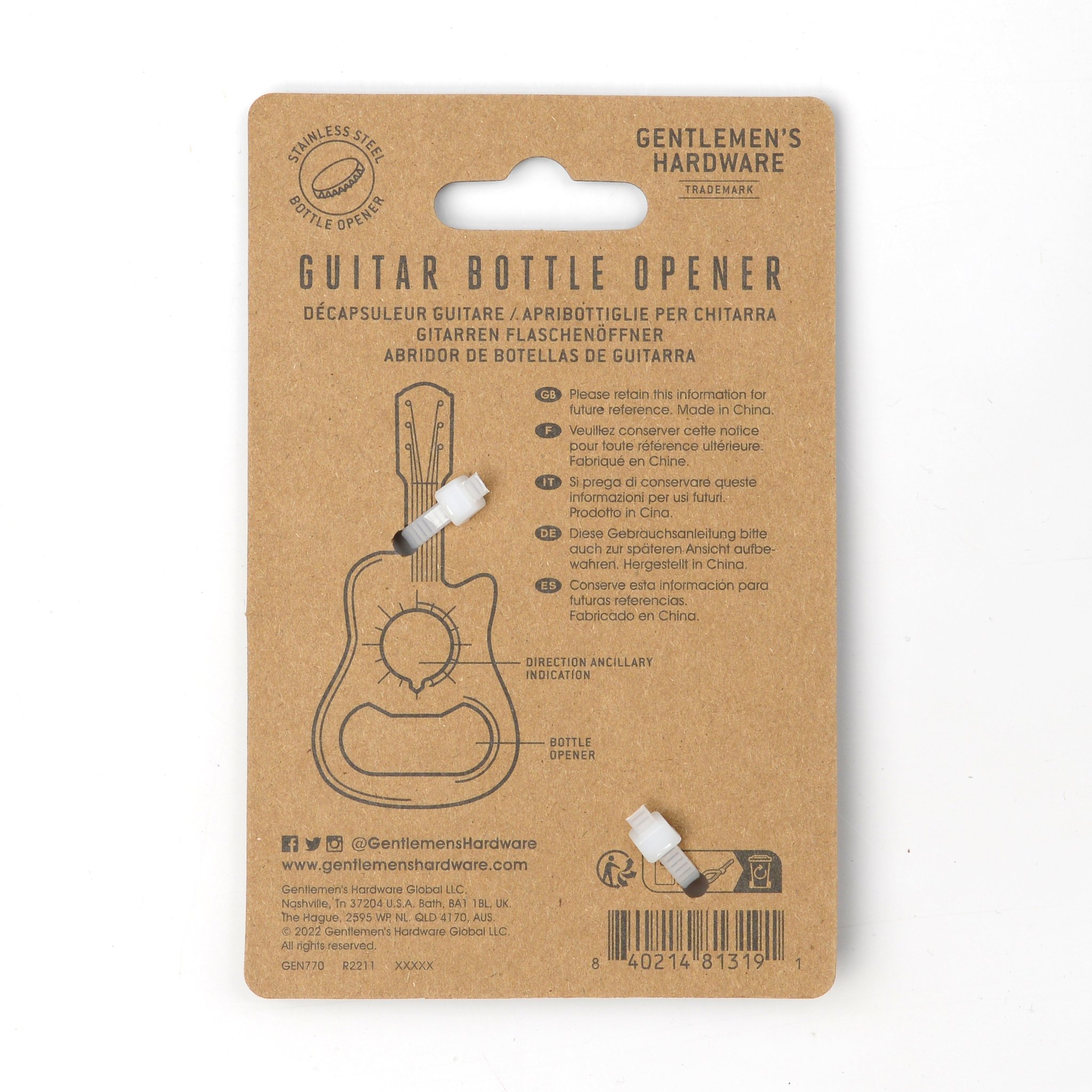Back of the mini guitar bottle opener card with multilingual notes, a line drawing and a barcode